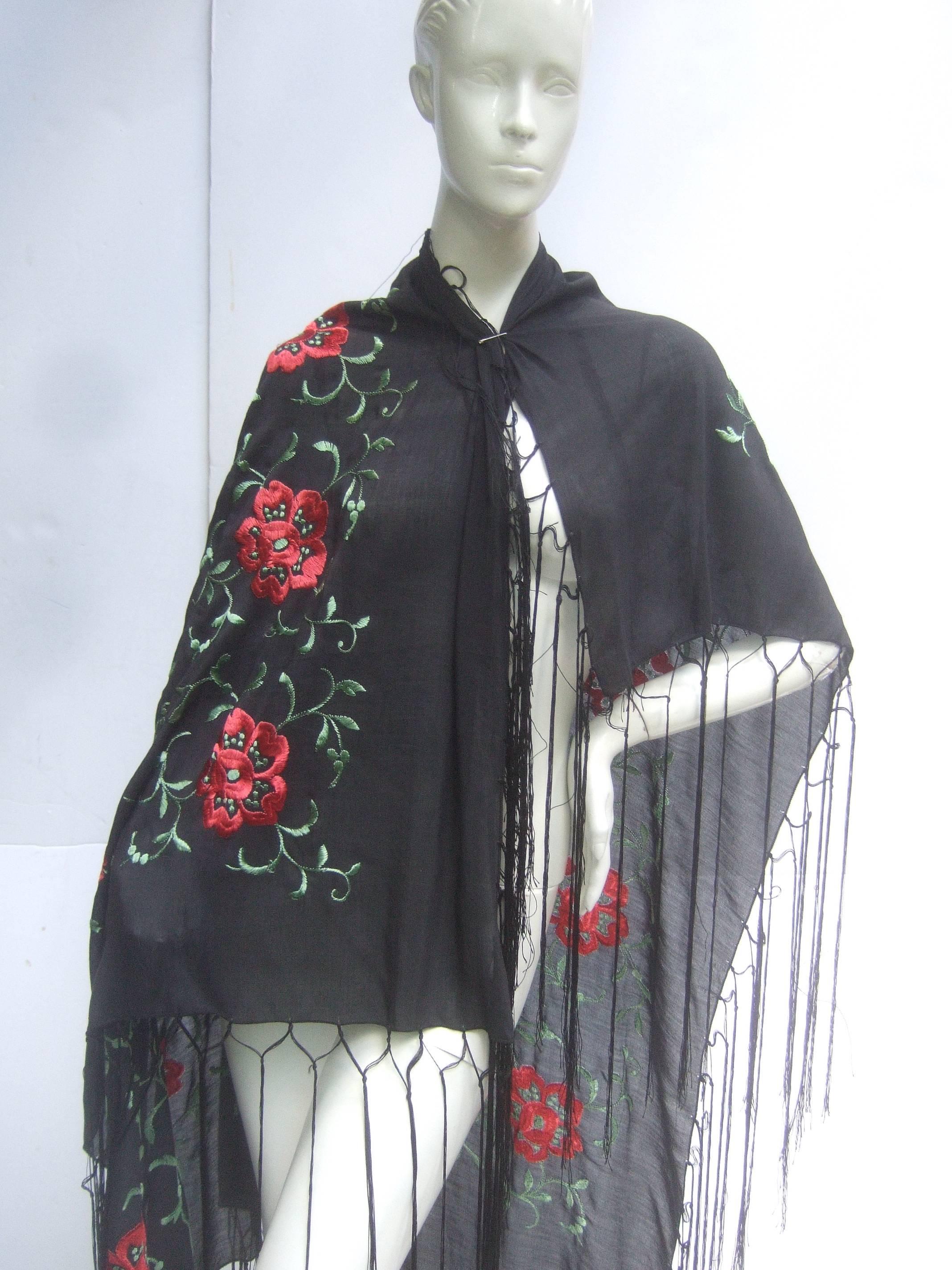Exotic Embroidered Black Floral Fringe Silk Shawl c 1960 For Sale 2