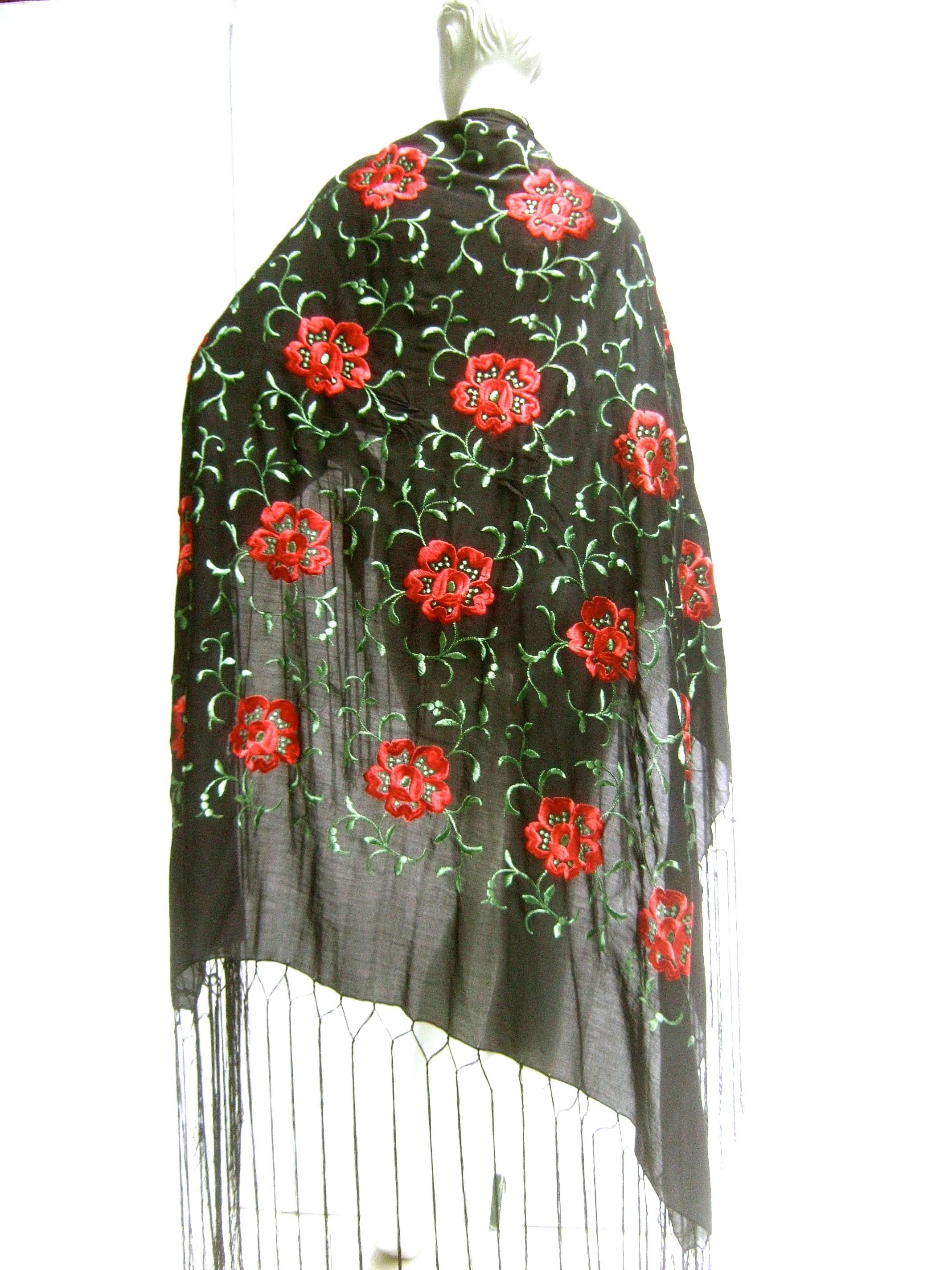 Exotic Embroidered Black Floral Fringe Silk Shawl c 1960 For Sale 3