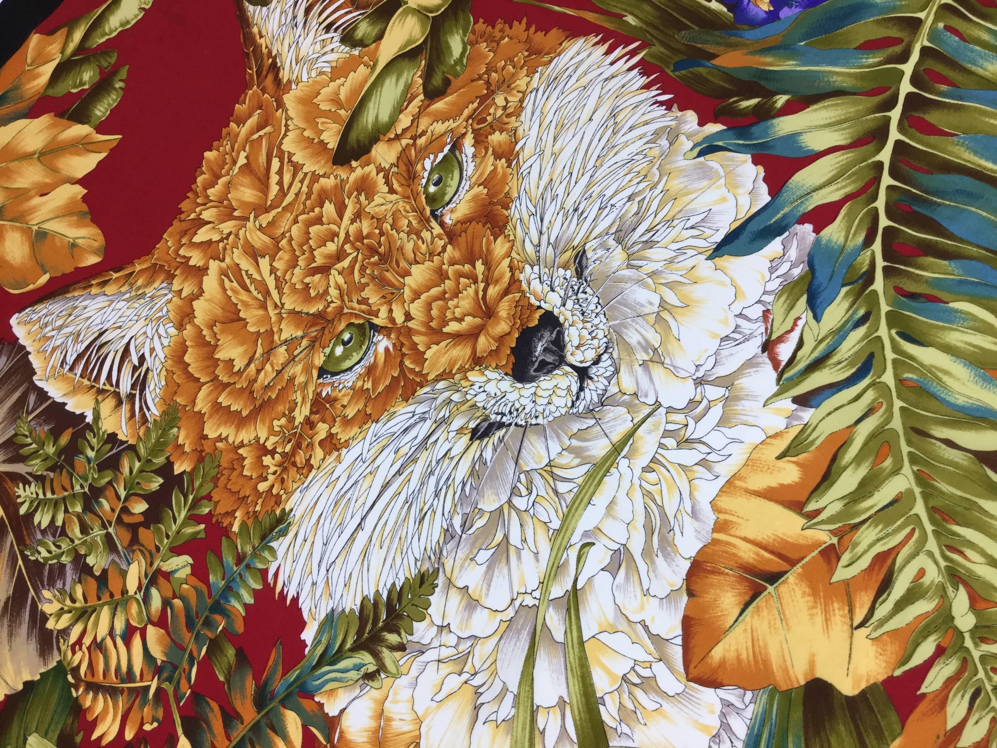 Ferragamo Fox Scarf with Floral Fur. 1980's. 100% Silk. 1