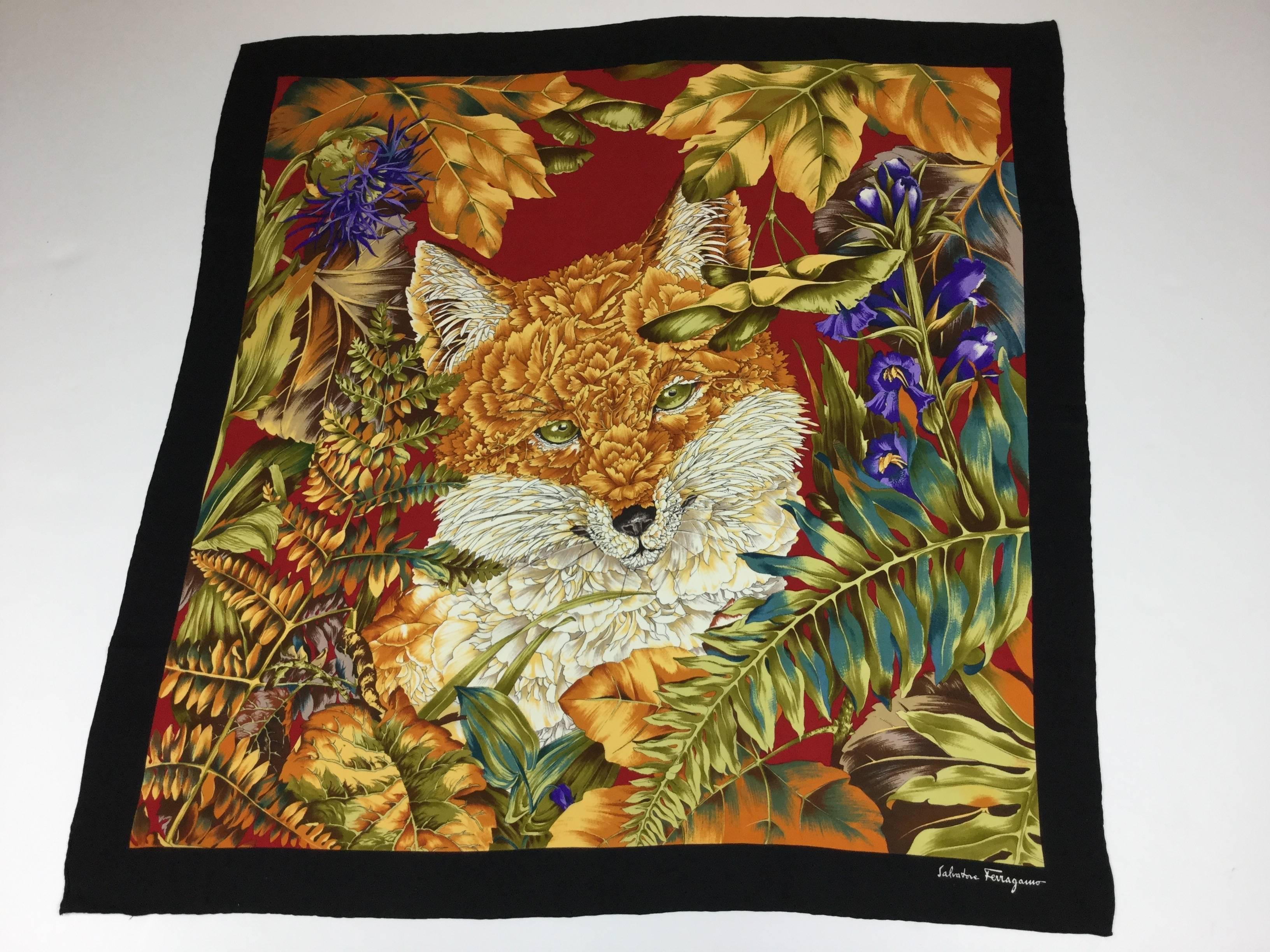 Ferragamo Fox Scarf with Floral Fur. 1980's. 100% Silk. 2