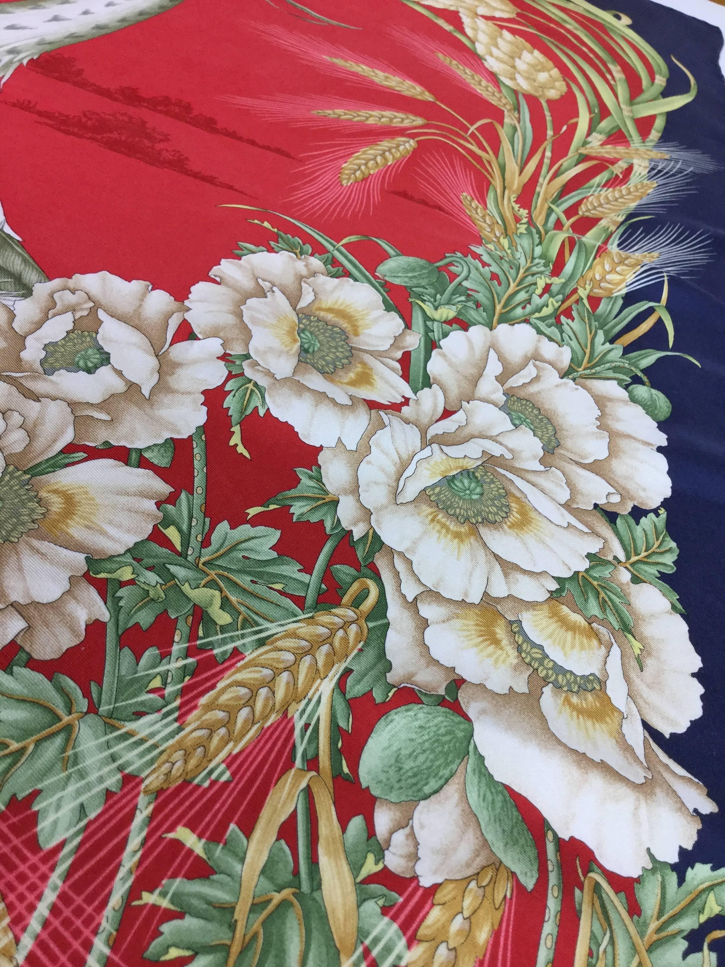 Rich Red Ferragamo Scarf with Birds and Flowers. 1980's. 3
