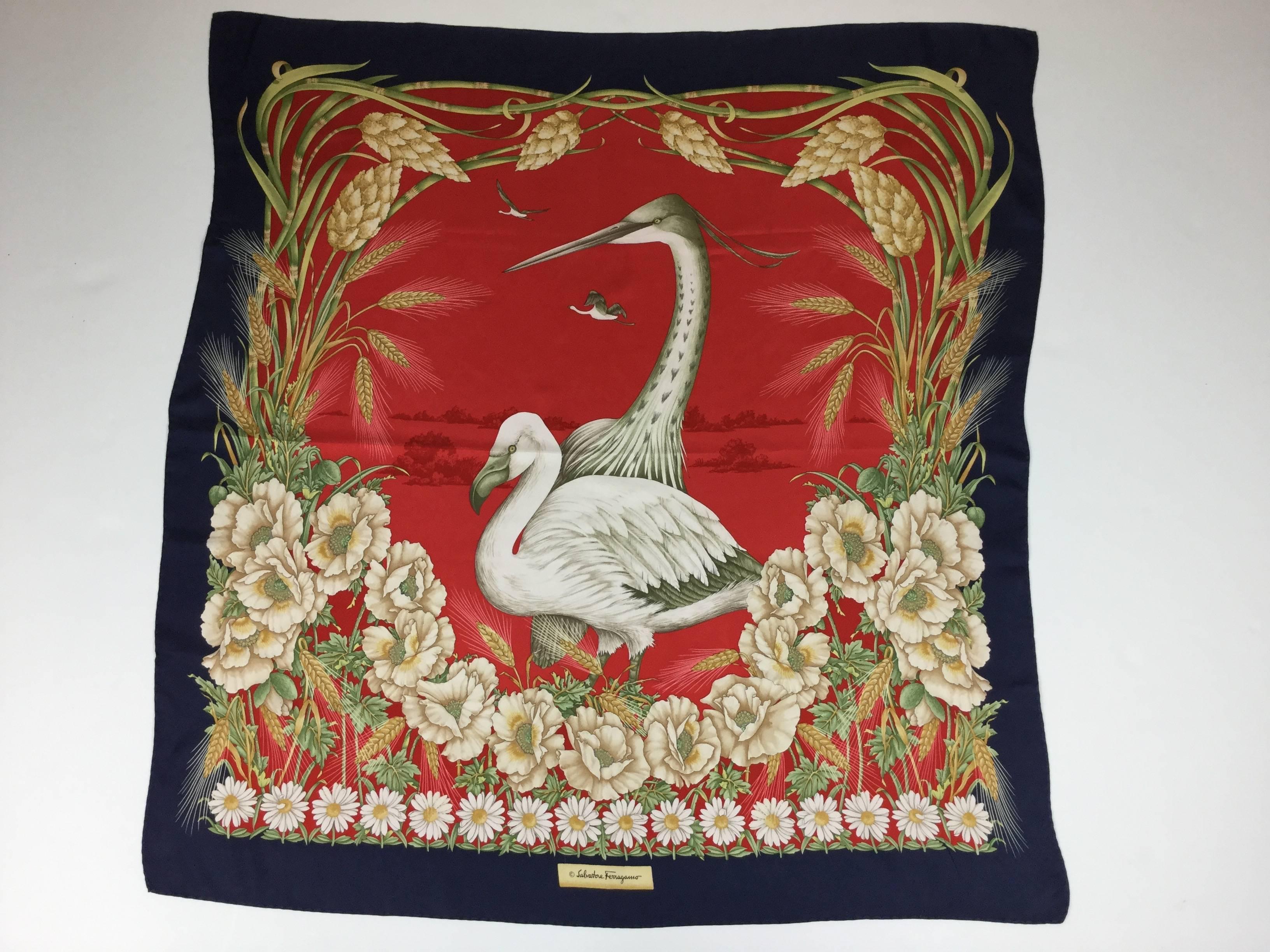 Rich Red Ferragamo Scarf with Birds and Flowers. 1980's. 5