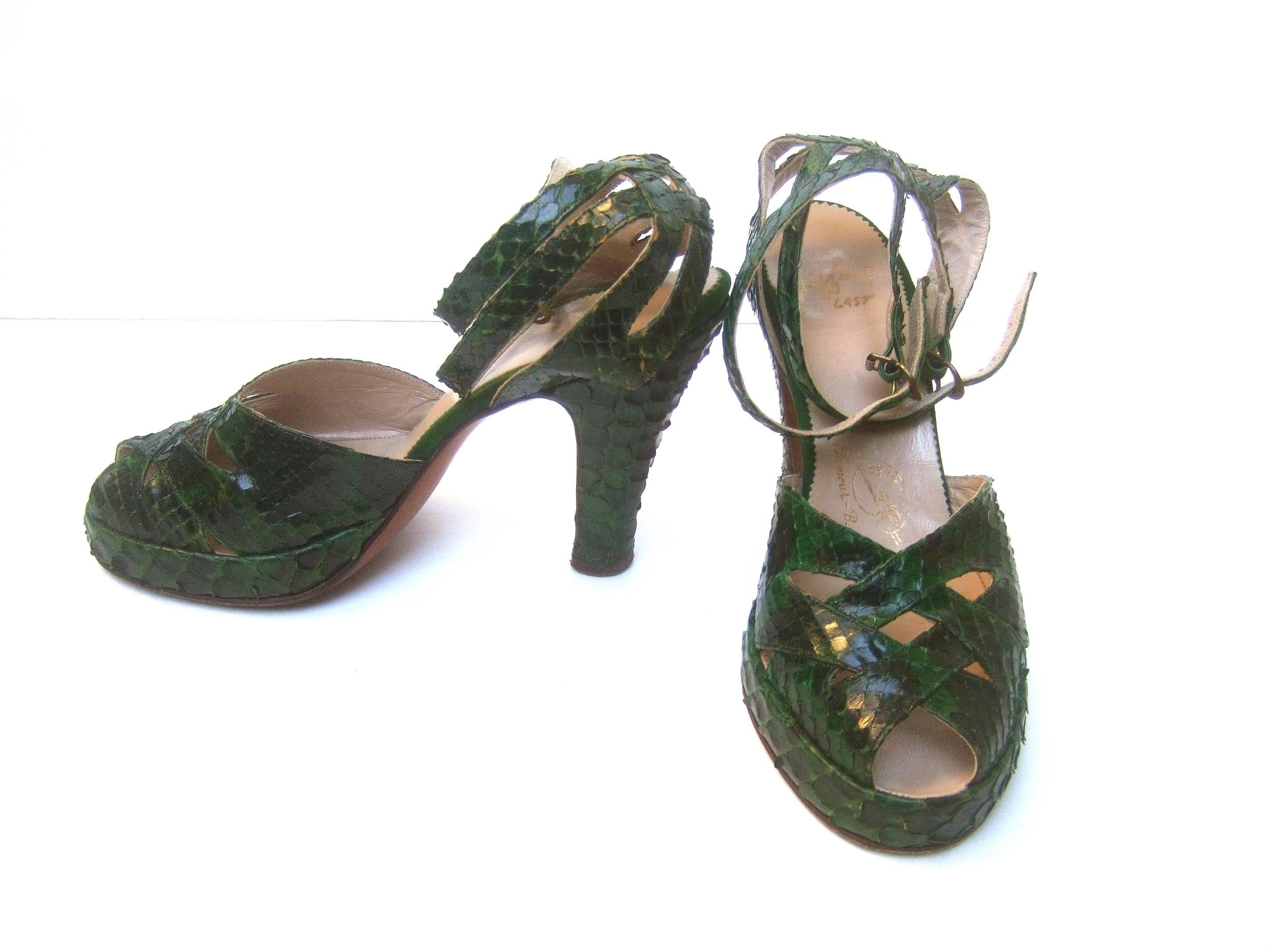 1940s Exotic Snakeskin Peep Toe Ankle Strap Platform Shoes  1