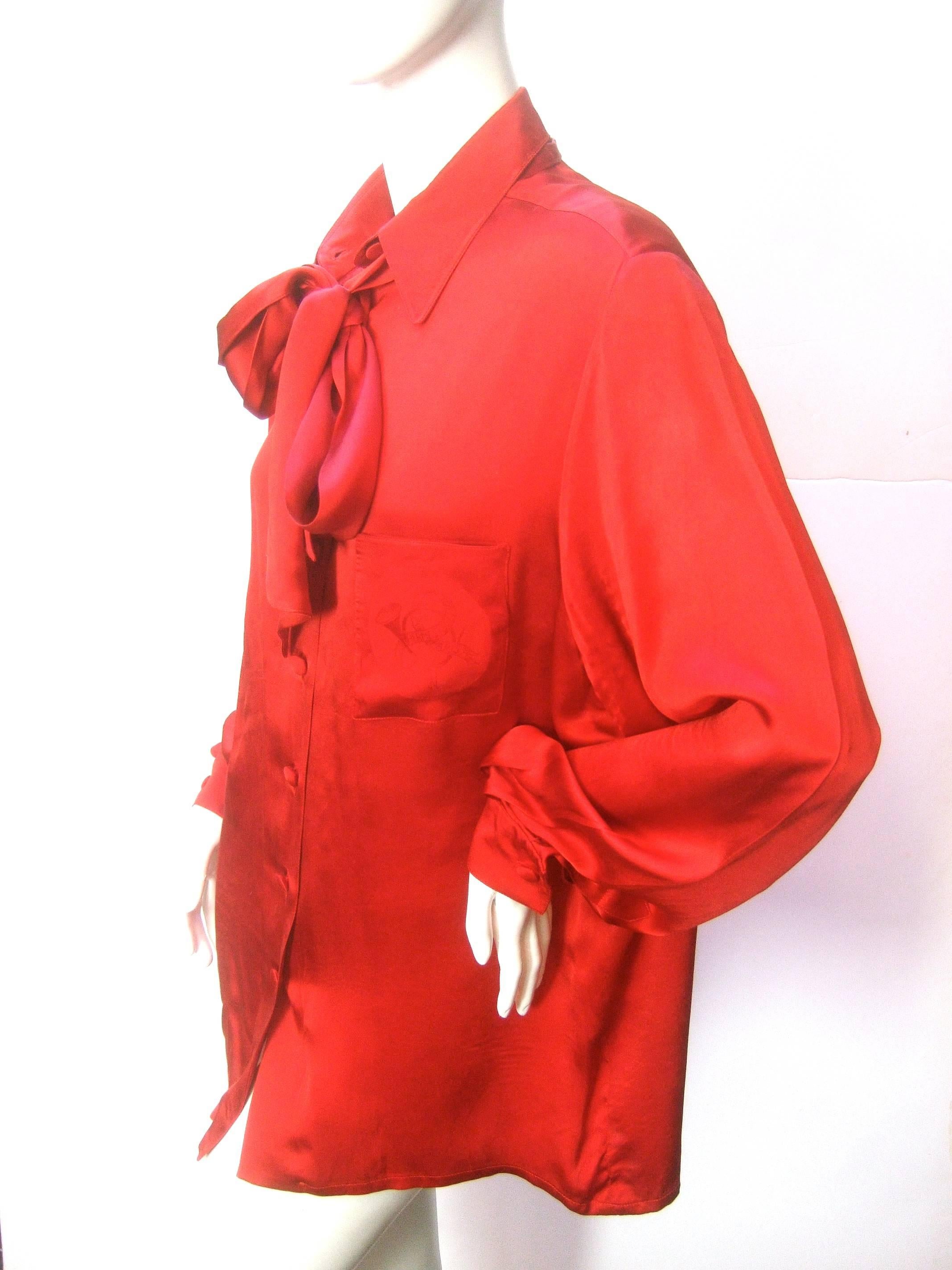 Hermes Paris Sumptuous Scarlet Silk Charmeuse Blouse c 1970s  In Good Condition In University City, MO