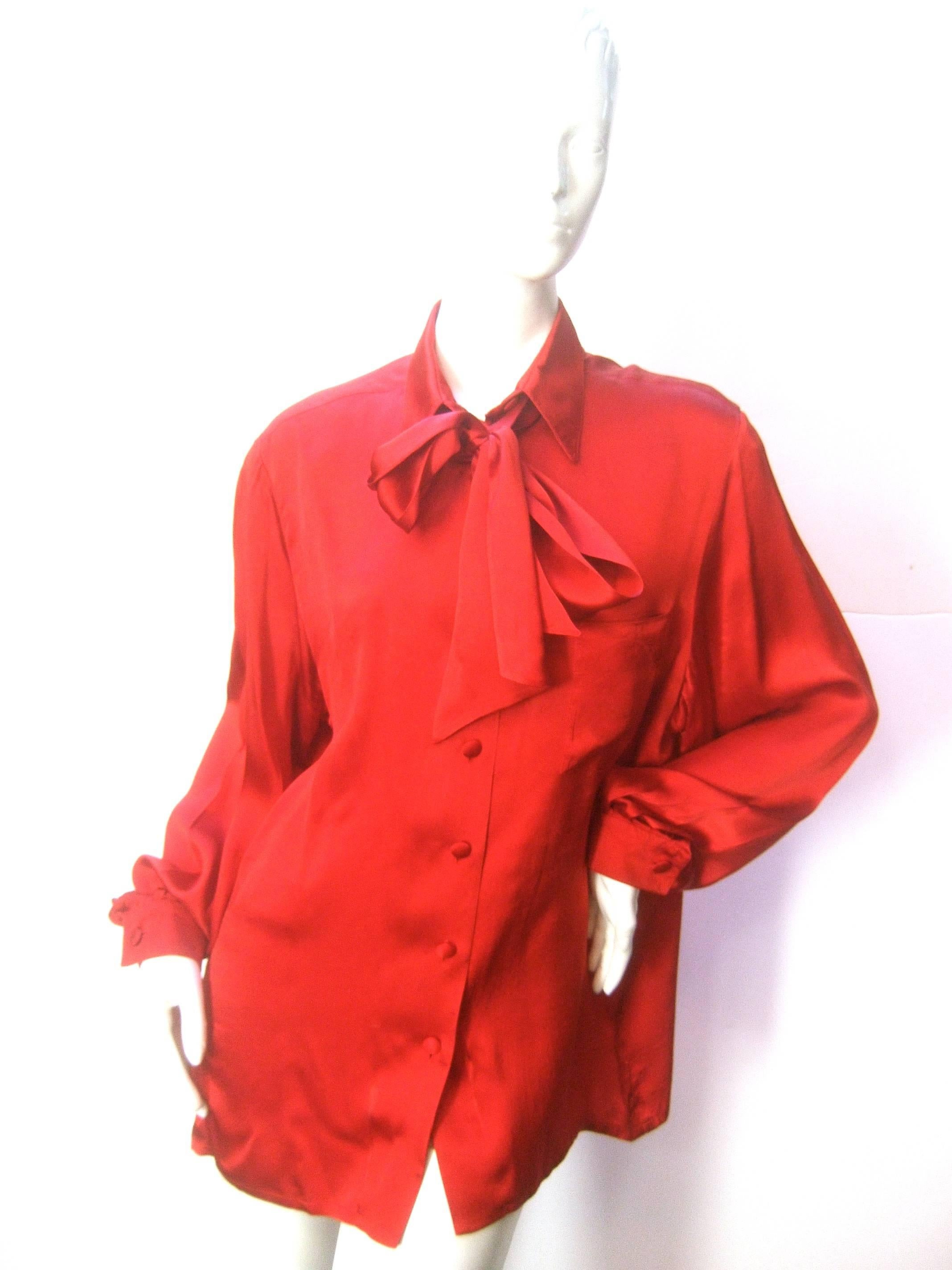 Women's Hermes Paris Sumptuous Scarlet Silk Charmeuse Blouse c 1970s 