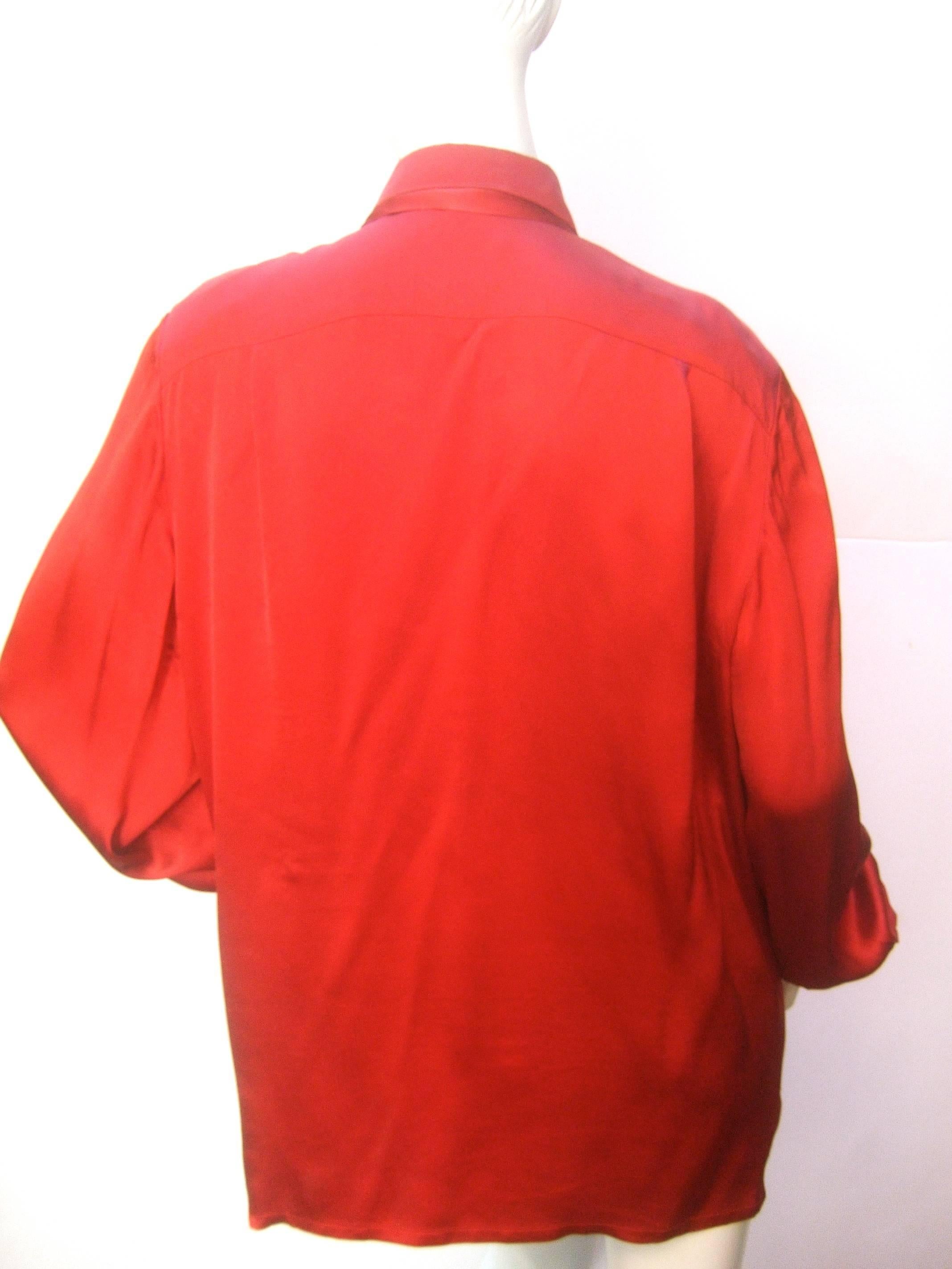 Hermes Paris Sumptuous Scarlet Silk Charmeuse Blouse c 1970s  5