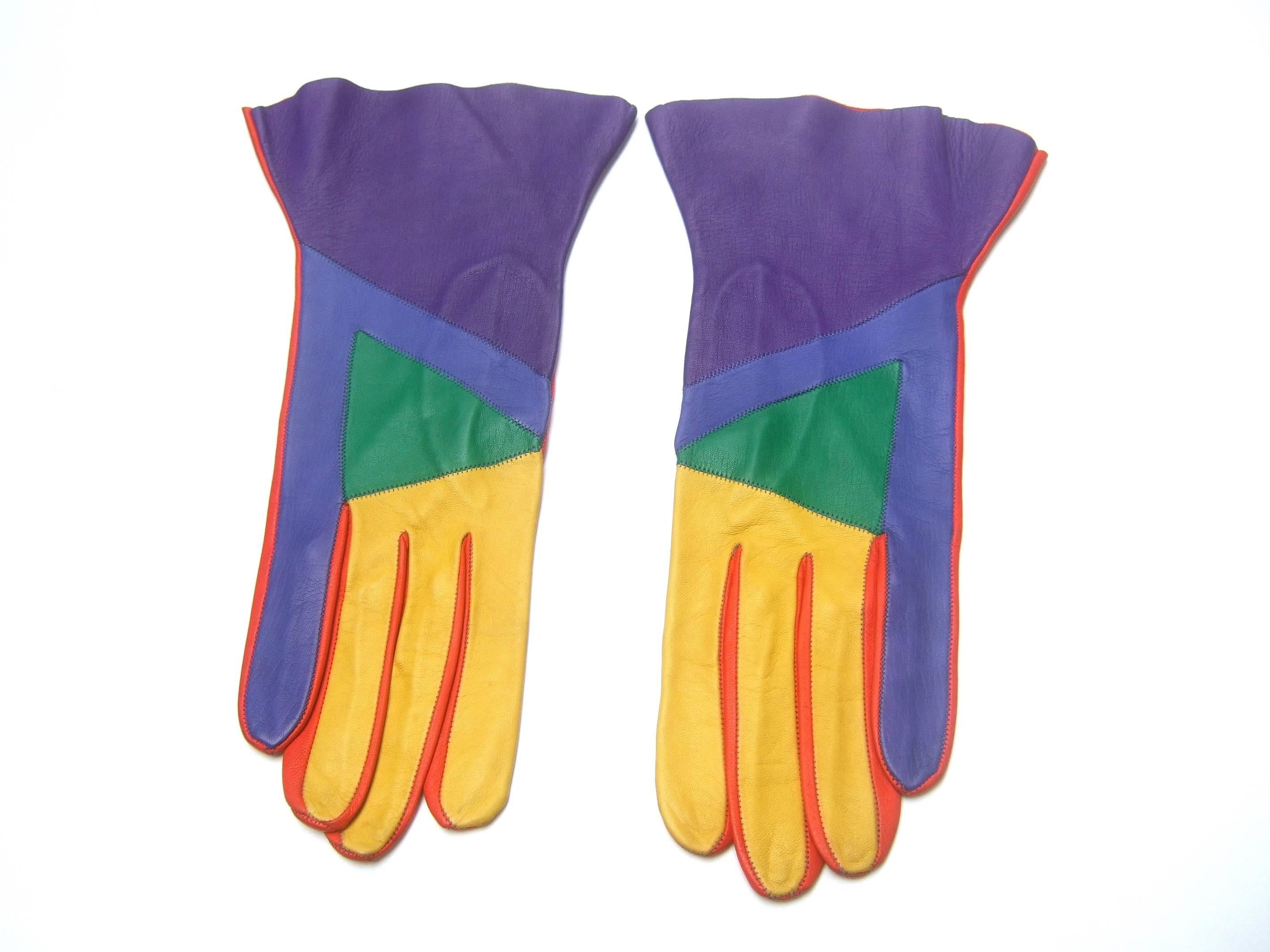 Purple Mod Italian Leather Color Block Gloves 