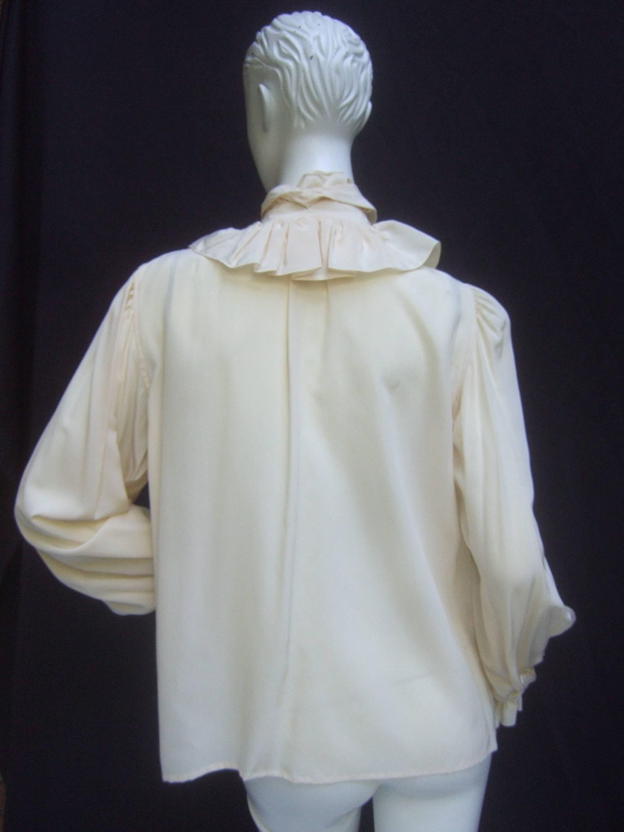 Women's Yves Saint Laurent Rive Gauche Ivory Silk Ruffled Bow Blouse c 1970s