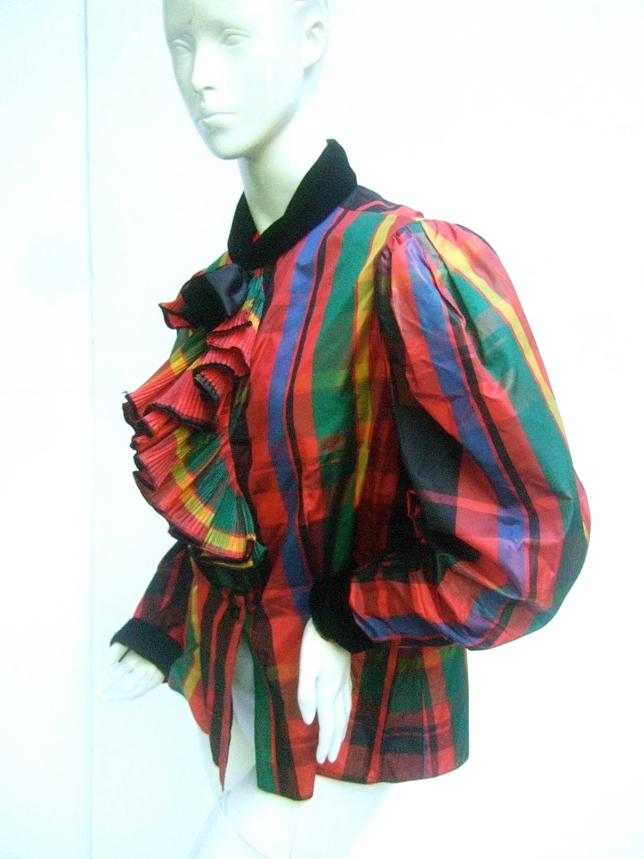 Oscar de la Renta Plaid Taffeta Velvet Trim Blouse c 1980 In Good Condition In University City, MO