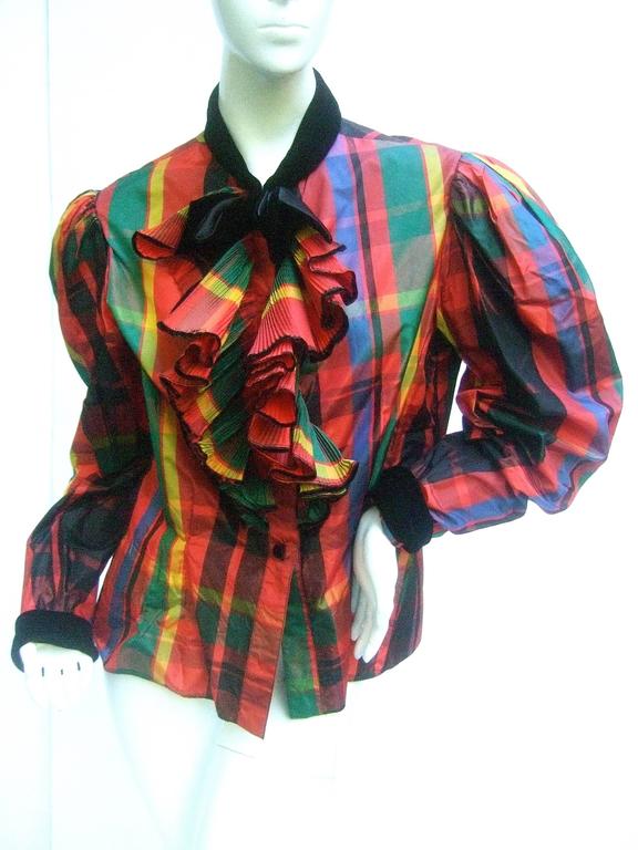 Oscar de la Renta Plaid Taffeta Velvet Trim Blouse c 1980 at 1stDibs