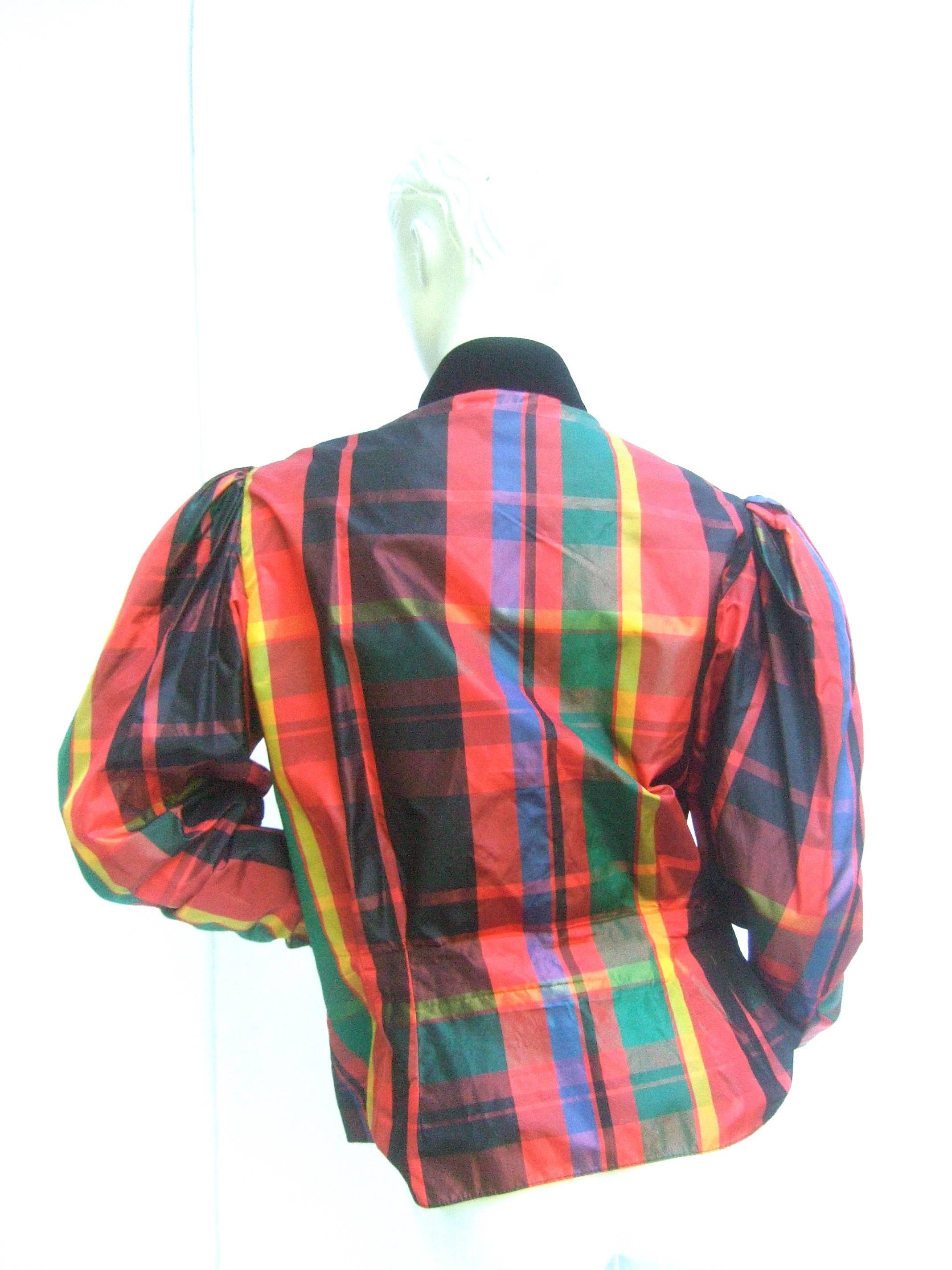 Oscar de la Renta Plaid Taffeta Velvet Trim Blouse c 1980 1