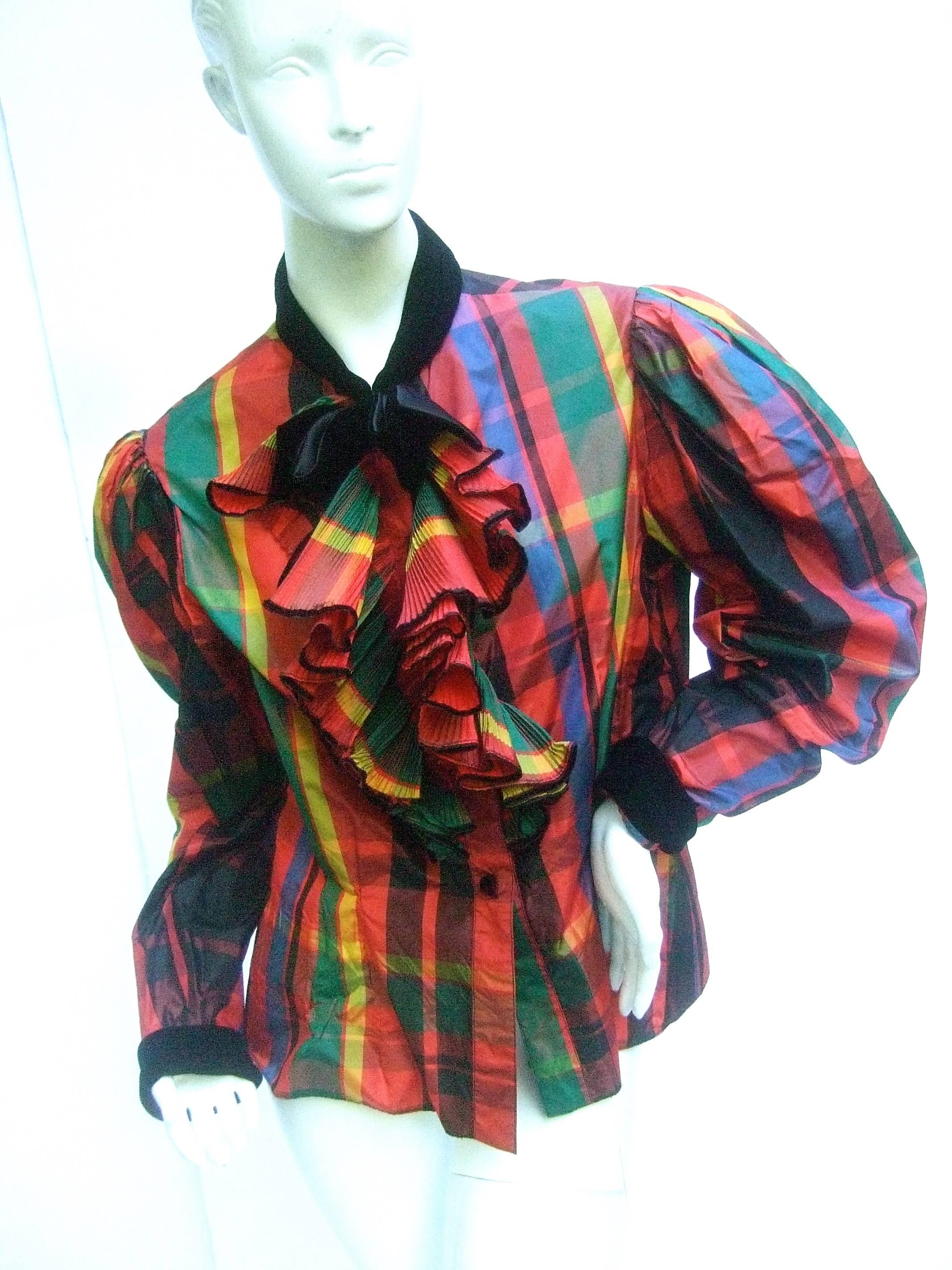 Oscar de la Renta Plaid Taffeta Velvet Trim Blouse c 1980 3