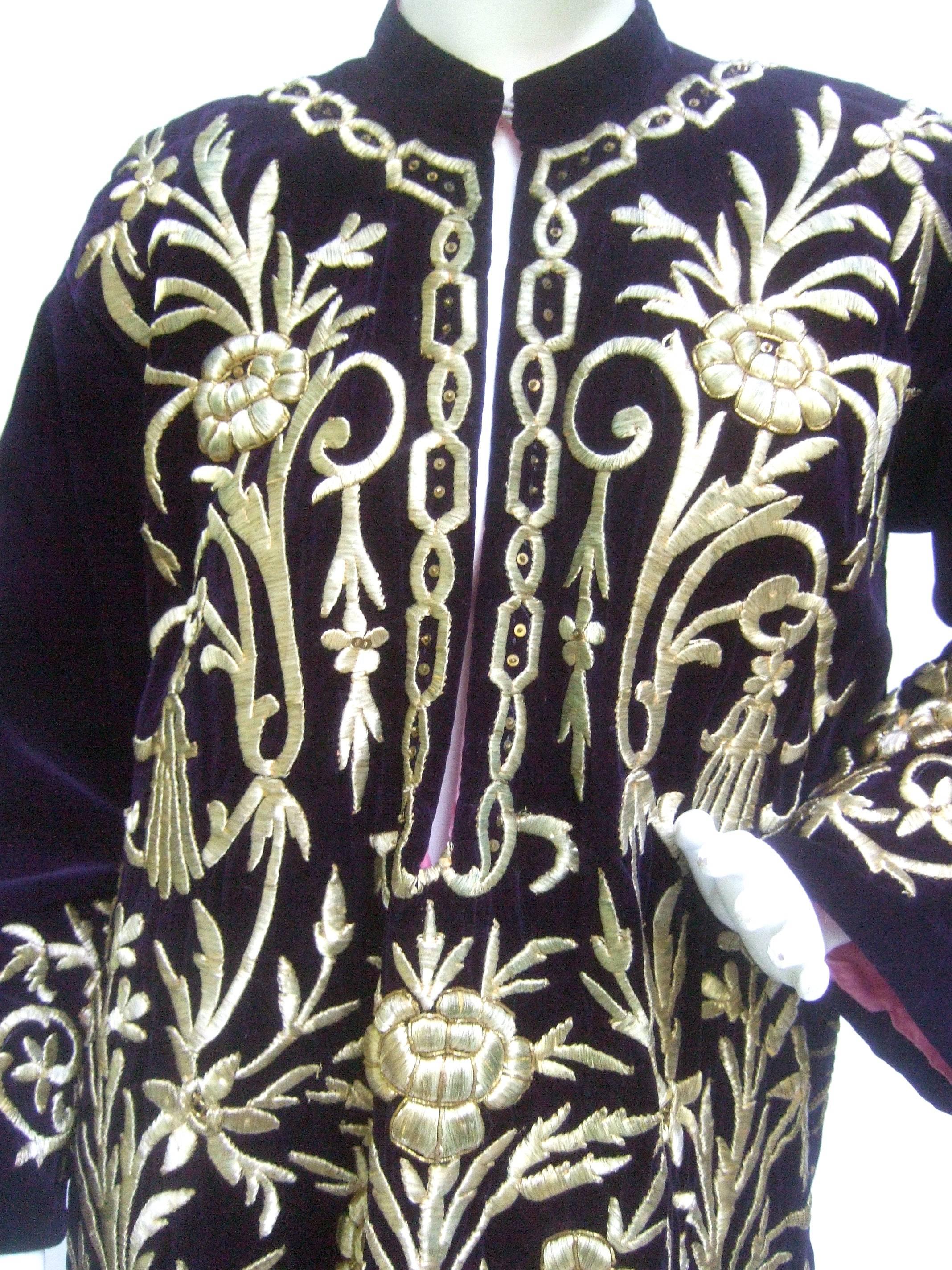 Black Exquisite Museum Worthy Aubergene Velvet Embroidered Metallic Caftan Robe