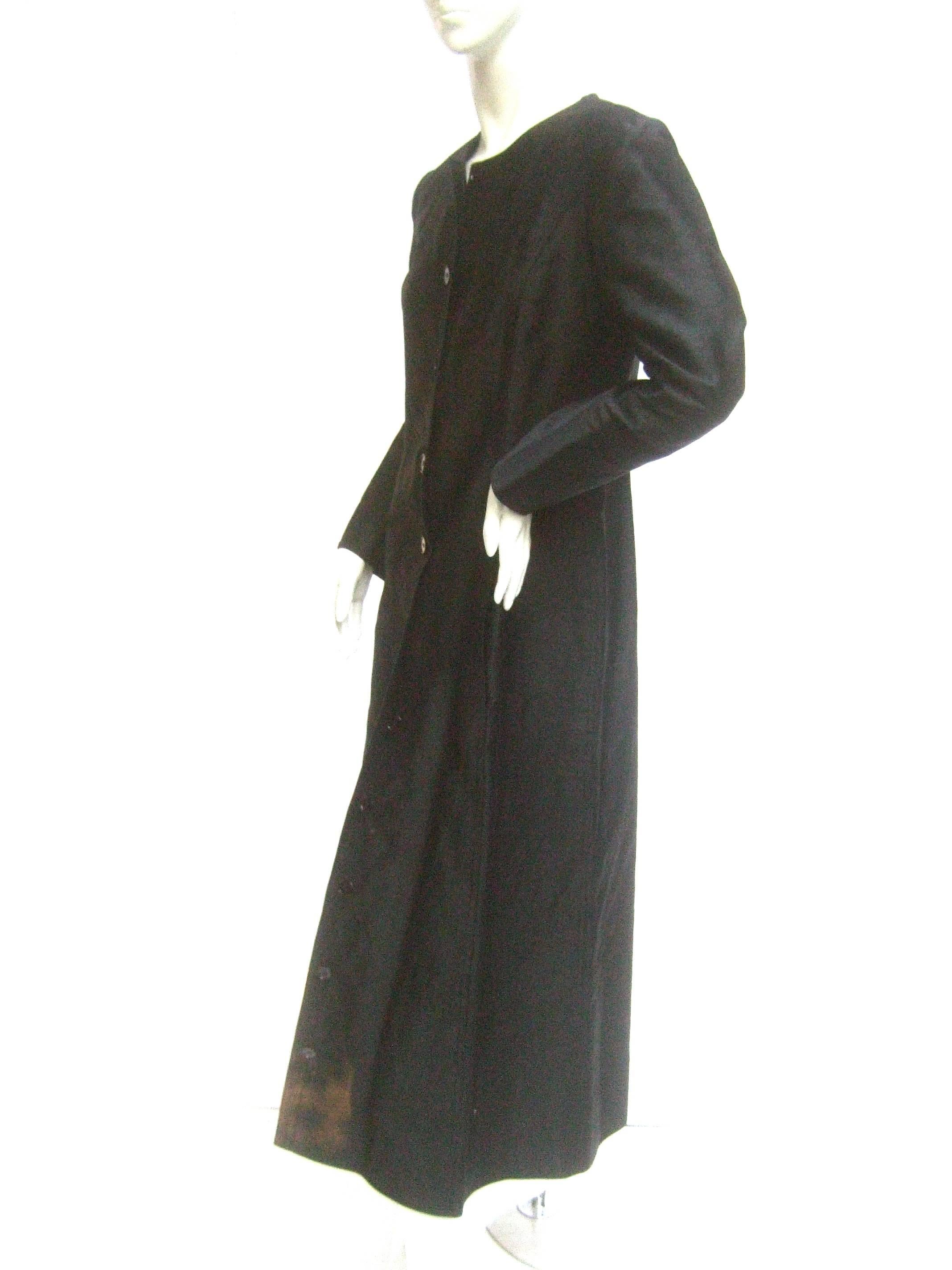 Saint Laurent Rive Gauche Dramatic Black Polished Cotton Maxi Coat c 1970s  In Excellent Condition In University City, MO