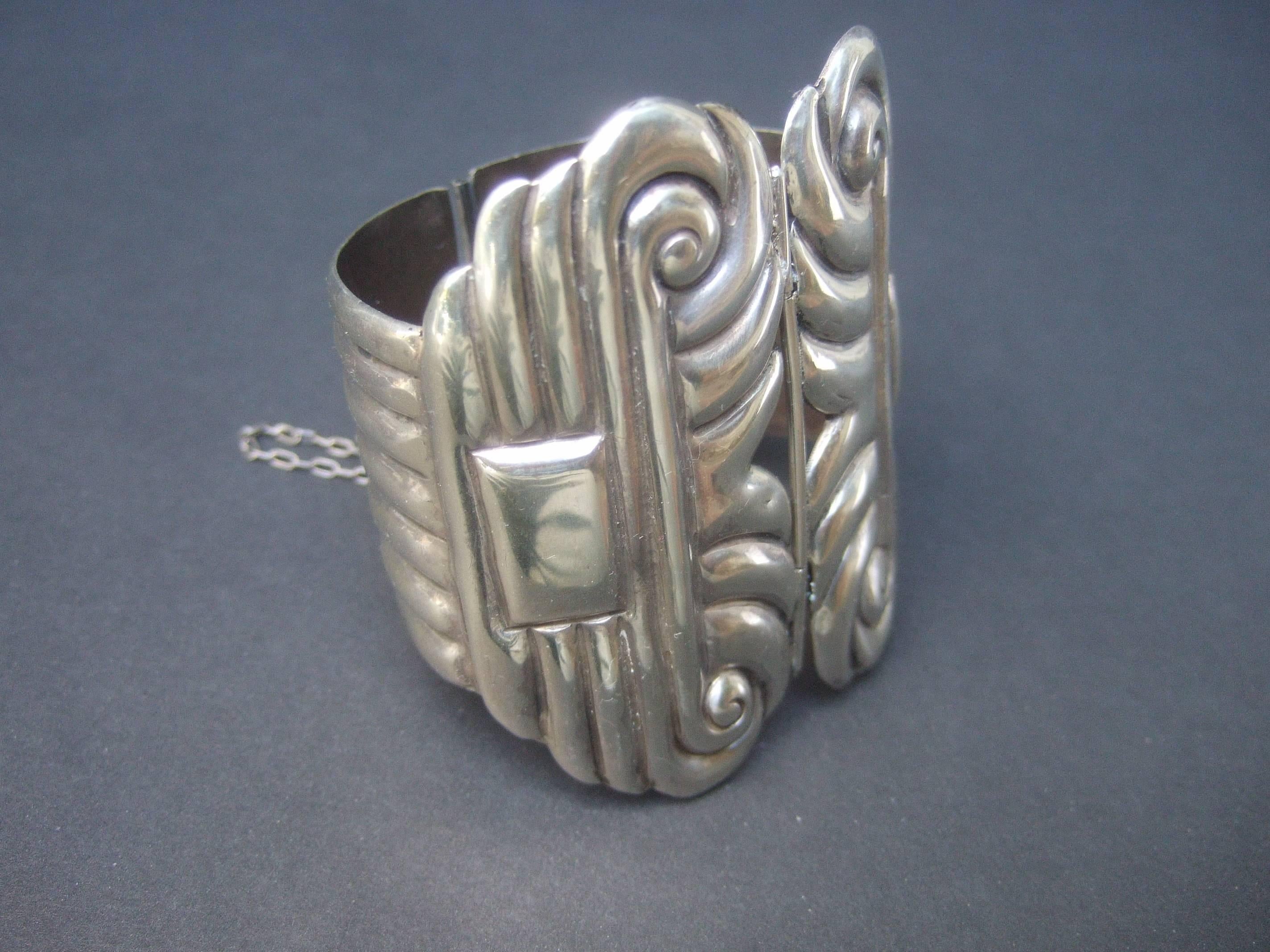 Mexican Sterling Massive Hinged Artisan Cuff Bracelet c 1940s 1