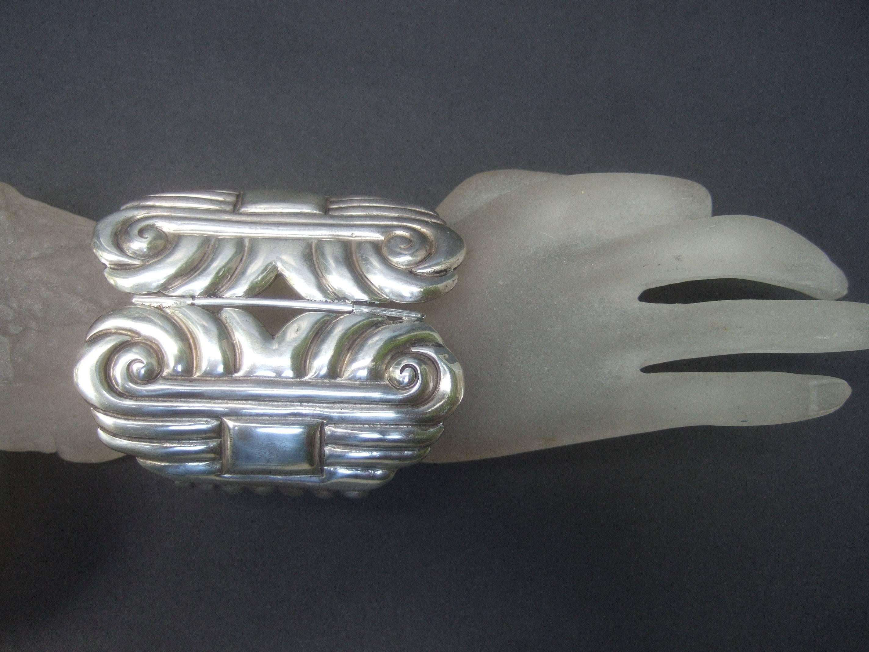 Women's or Men's Mexican Sterling Massive Hinged Artisan Cuff Bracelet c 1940s
