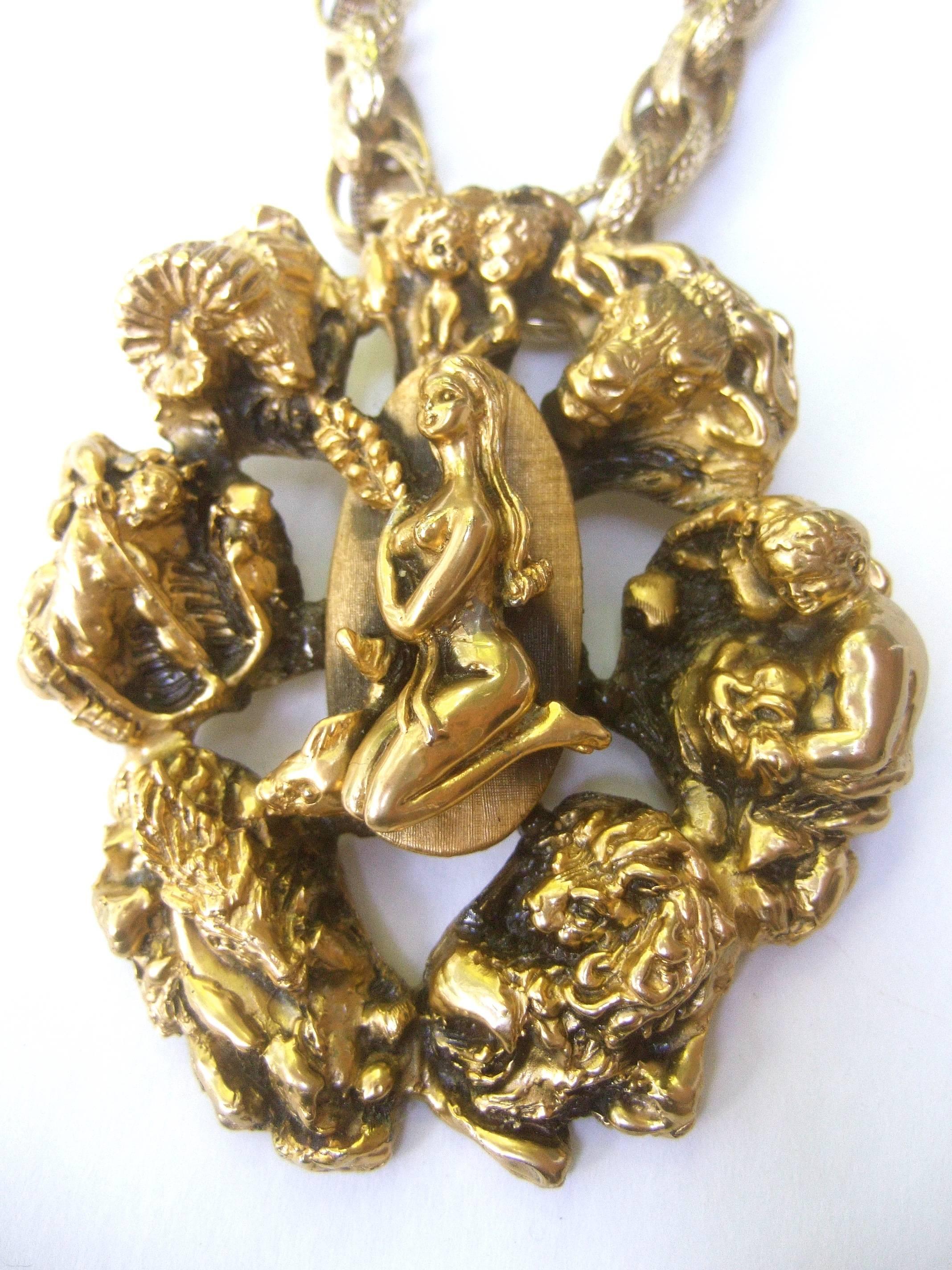 Women's Massive Gilt Metal Virgo Zodiac Pendant Necklace c 1970s 