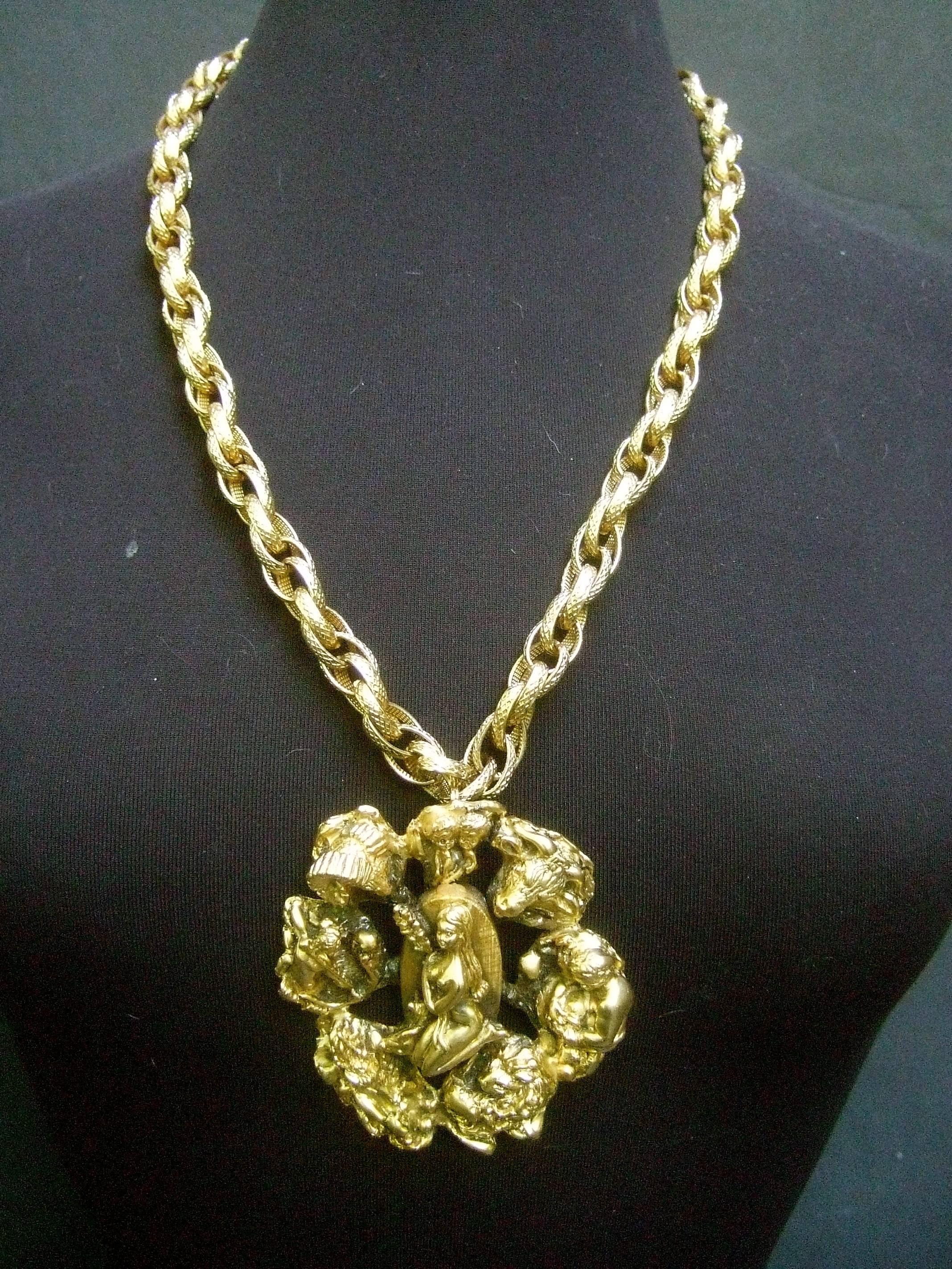 Massive Gilt Metal Virgo Zodiac Pendant Necklace c 1970s  1