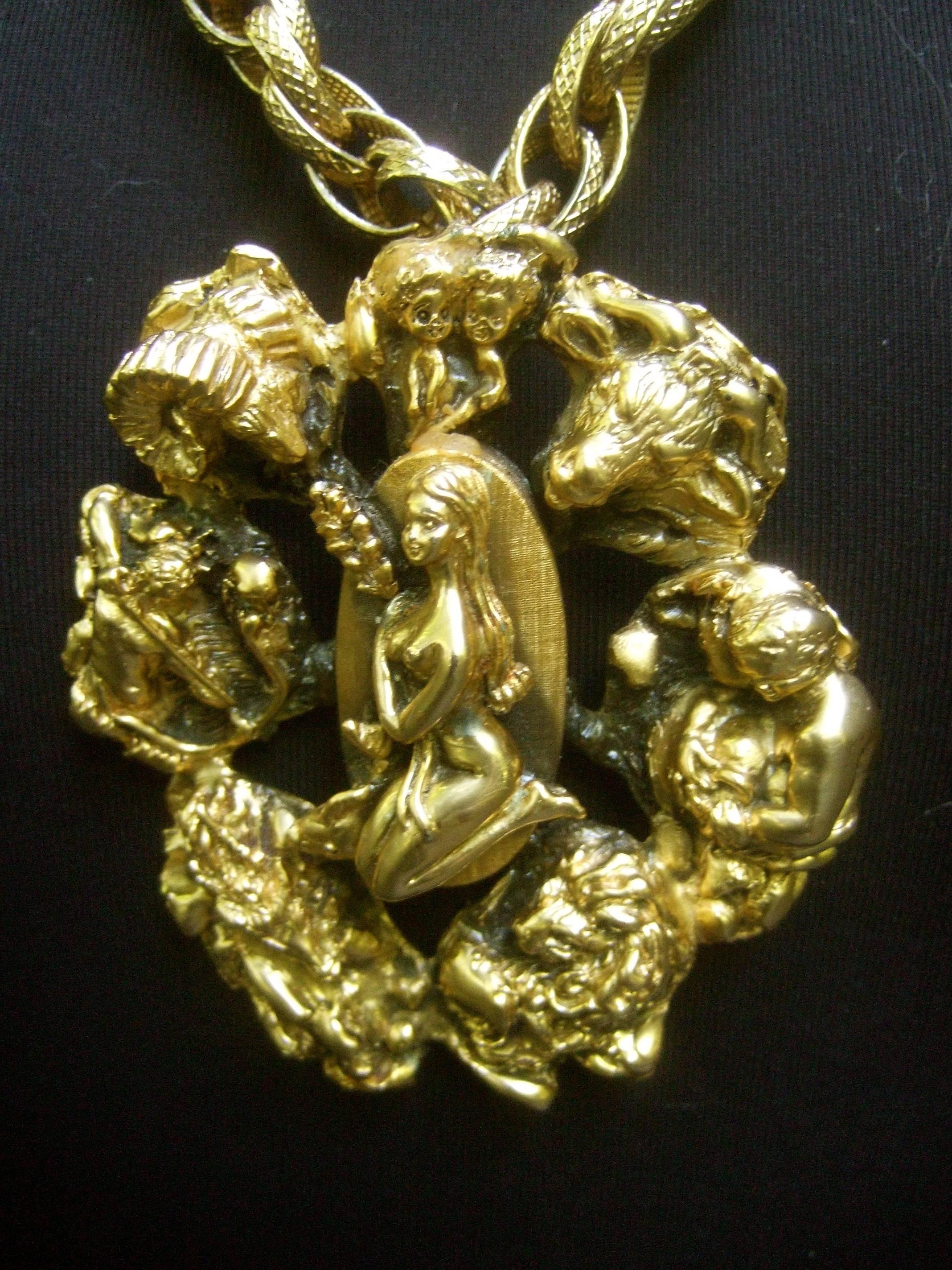 Massive Gilt Metal Virgo Zodiac Pendant Necklace c 1970s  2