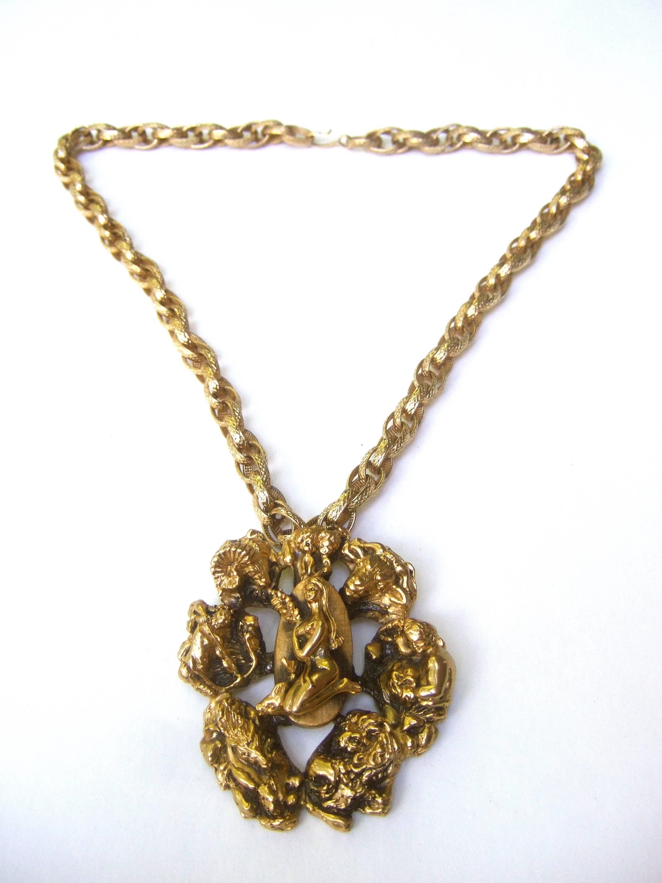 Massive Gilt Metal Virgo Zodiac Pendant Necklace c 1970s  3