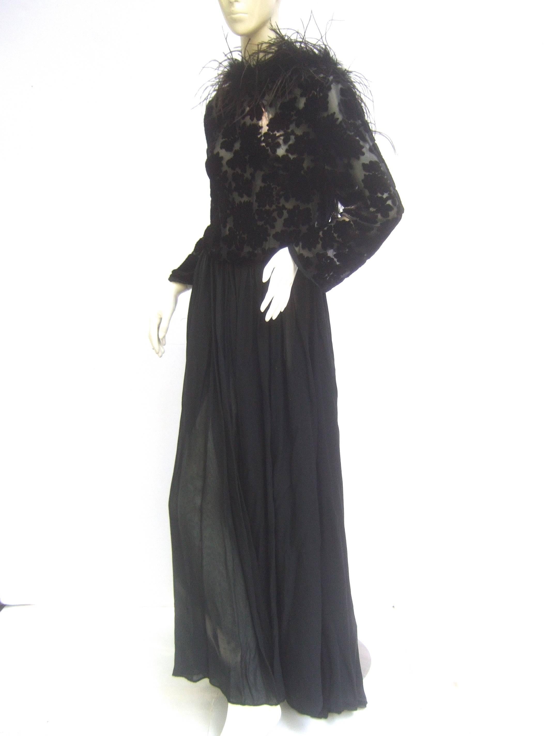 Saks Fifth Avenue Black Feather Trim Silk Chiffon Devore Gown c 1970 In Fair Condition In University City, MO