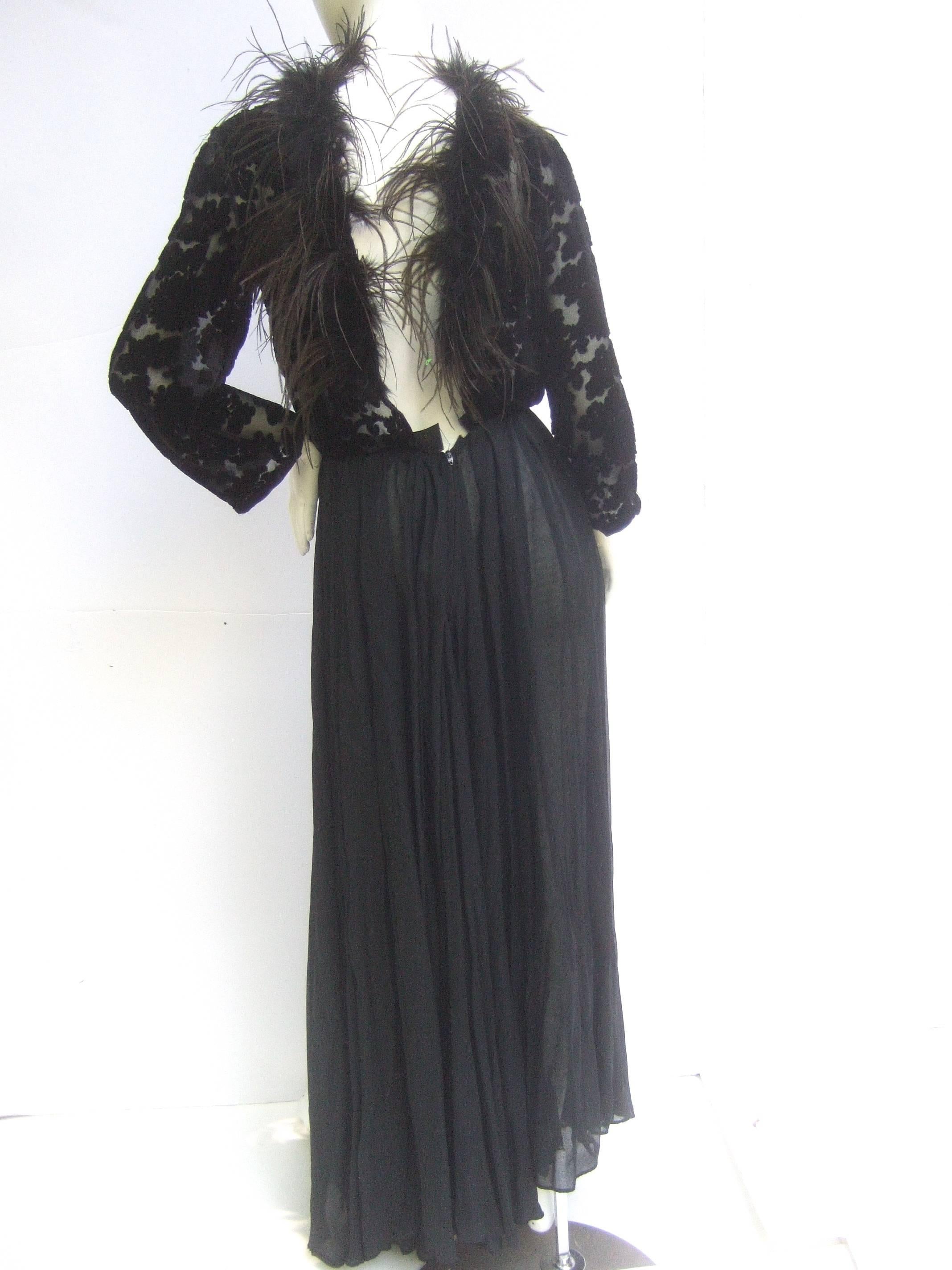 Saks Fifth Avenue Black Feather Trim Silk Chiffon Devore Gown c 1970
