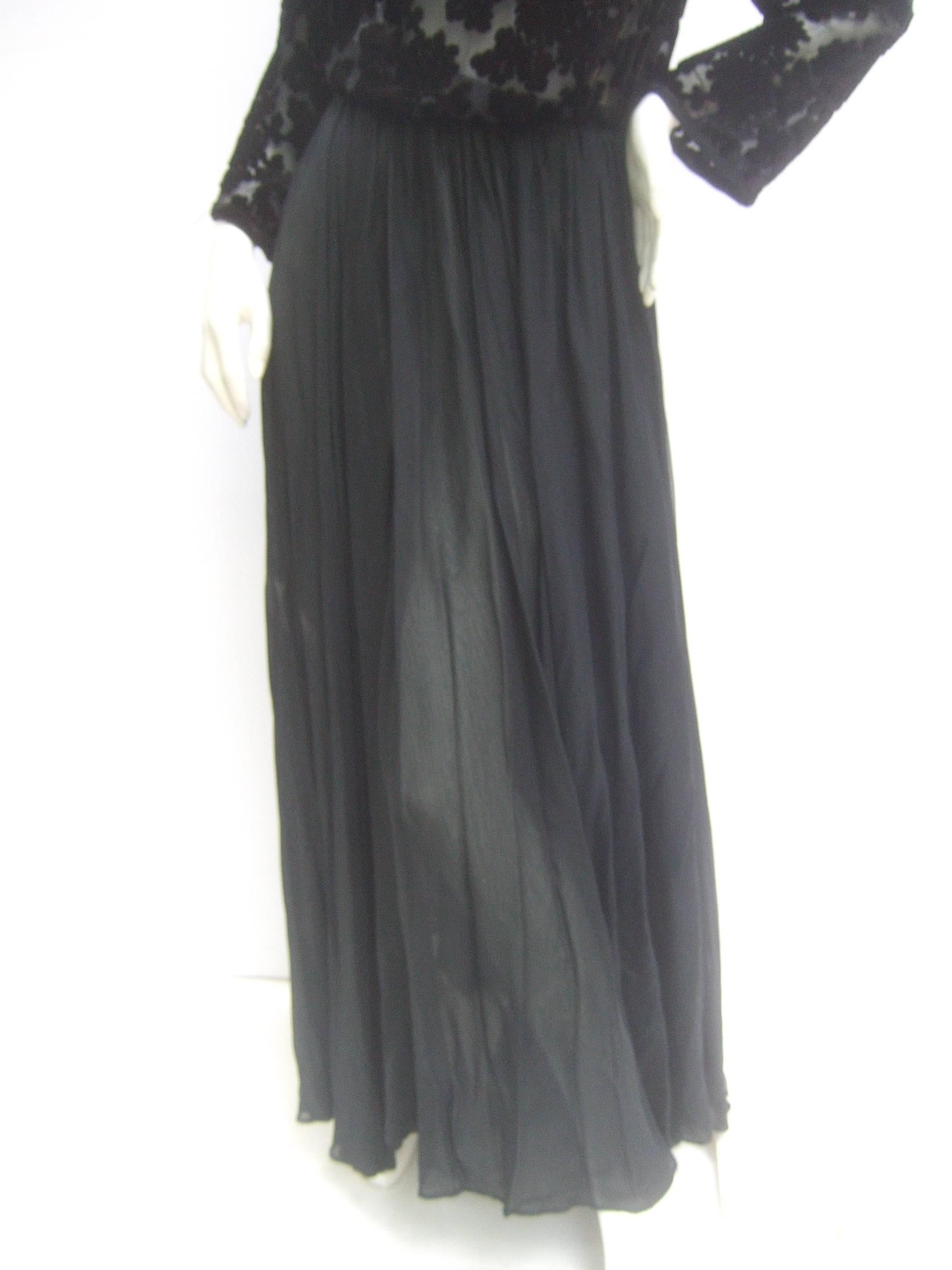 Saks Fifth Avenue Black Feather Trim Silk Chiffon Devore Gown c 1970 2