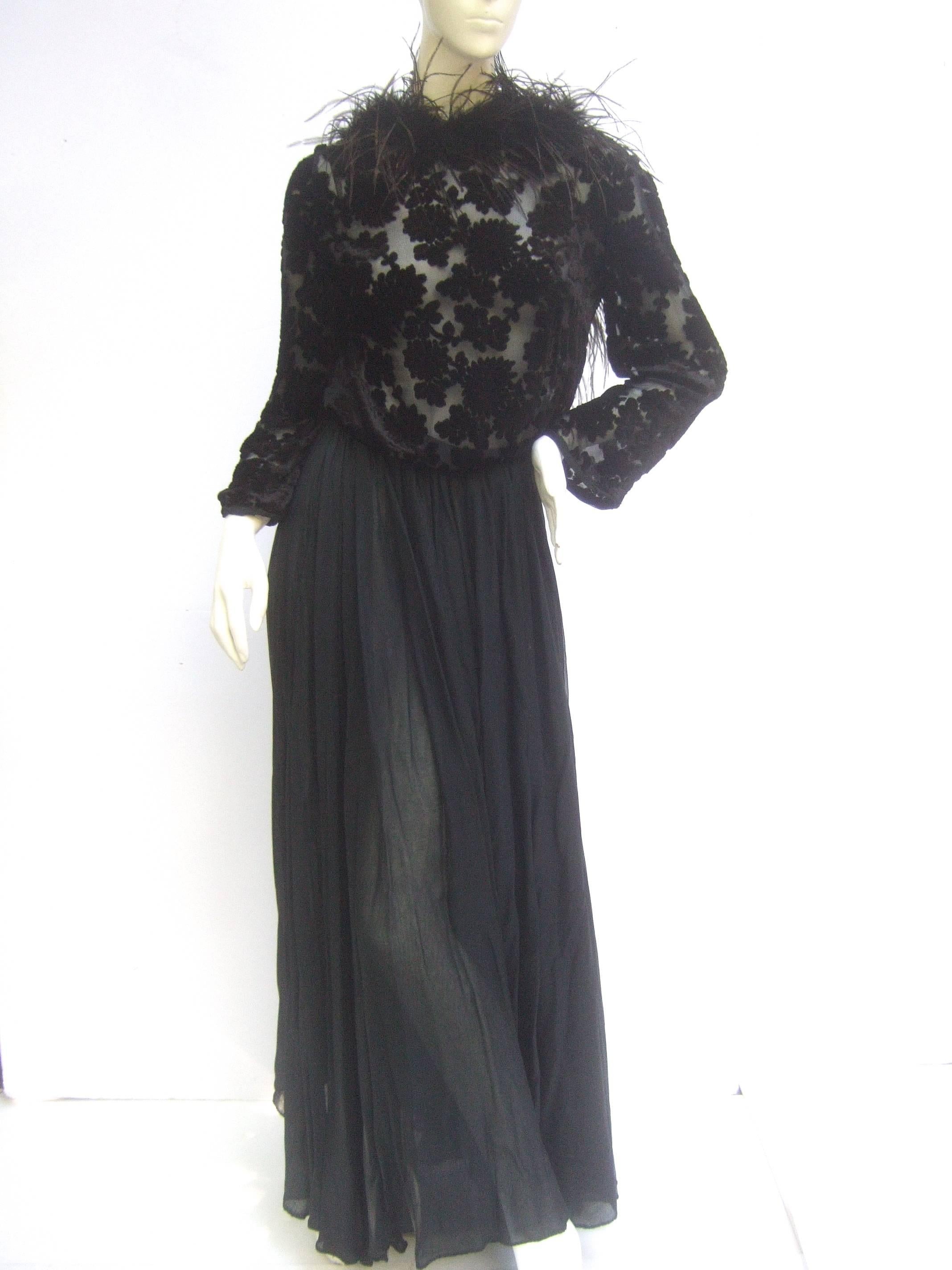Saks Fifth Avenue Black Feather Trim Silk Chiffon Devore Gown c 1970 3