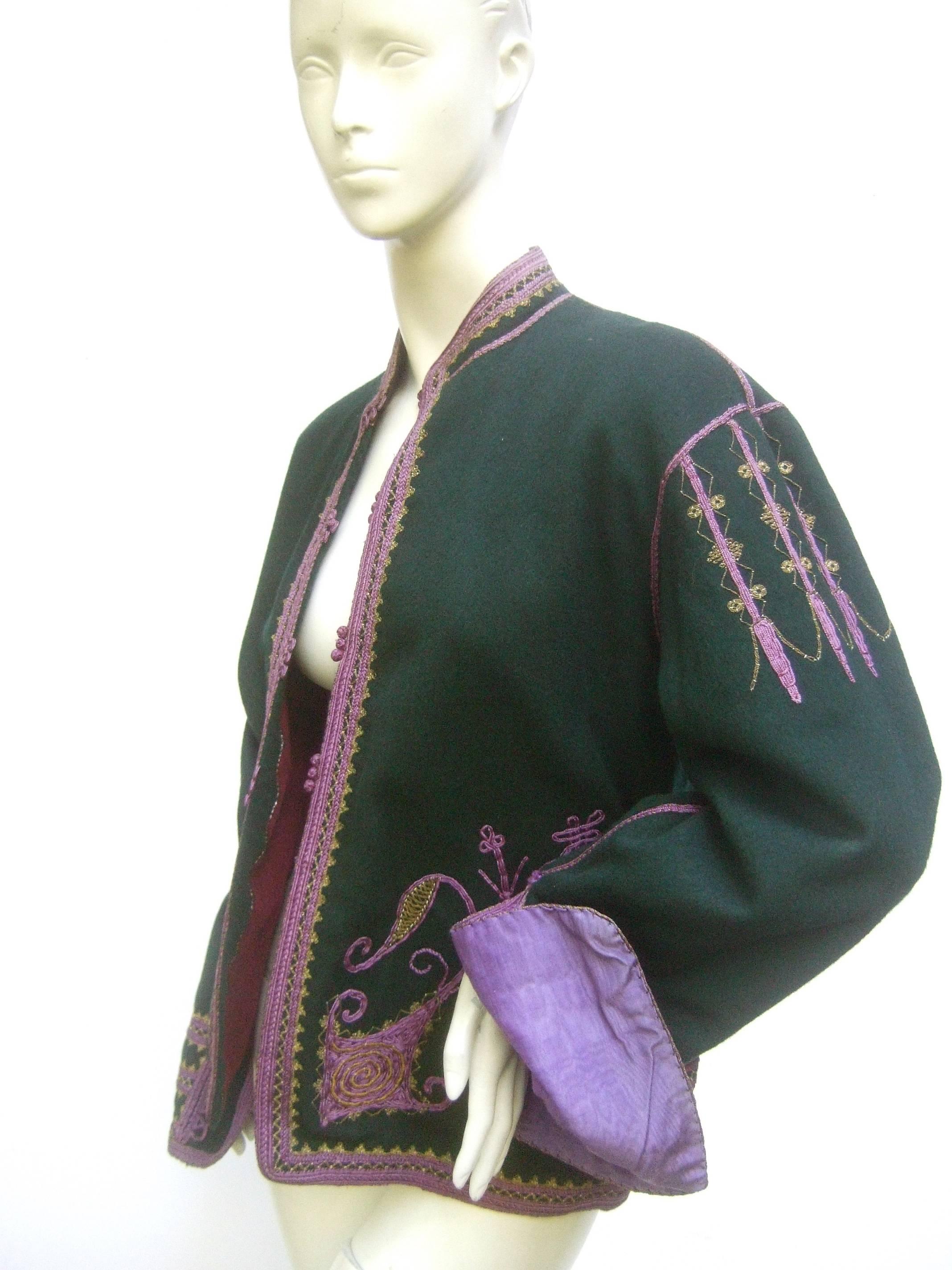 Black Exotic Embroidered Green Wool Jacket c 1970s For Sale