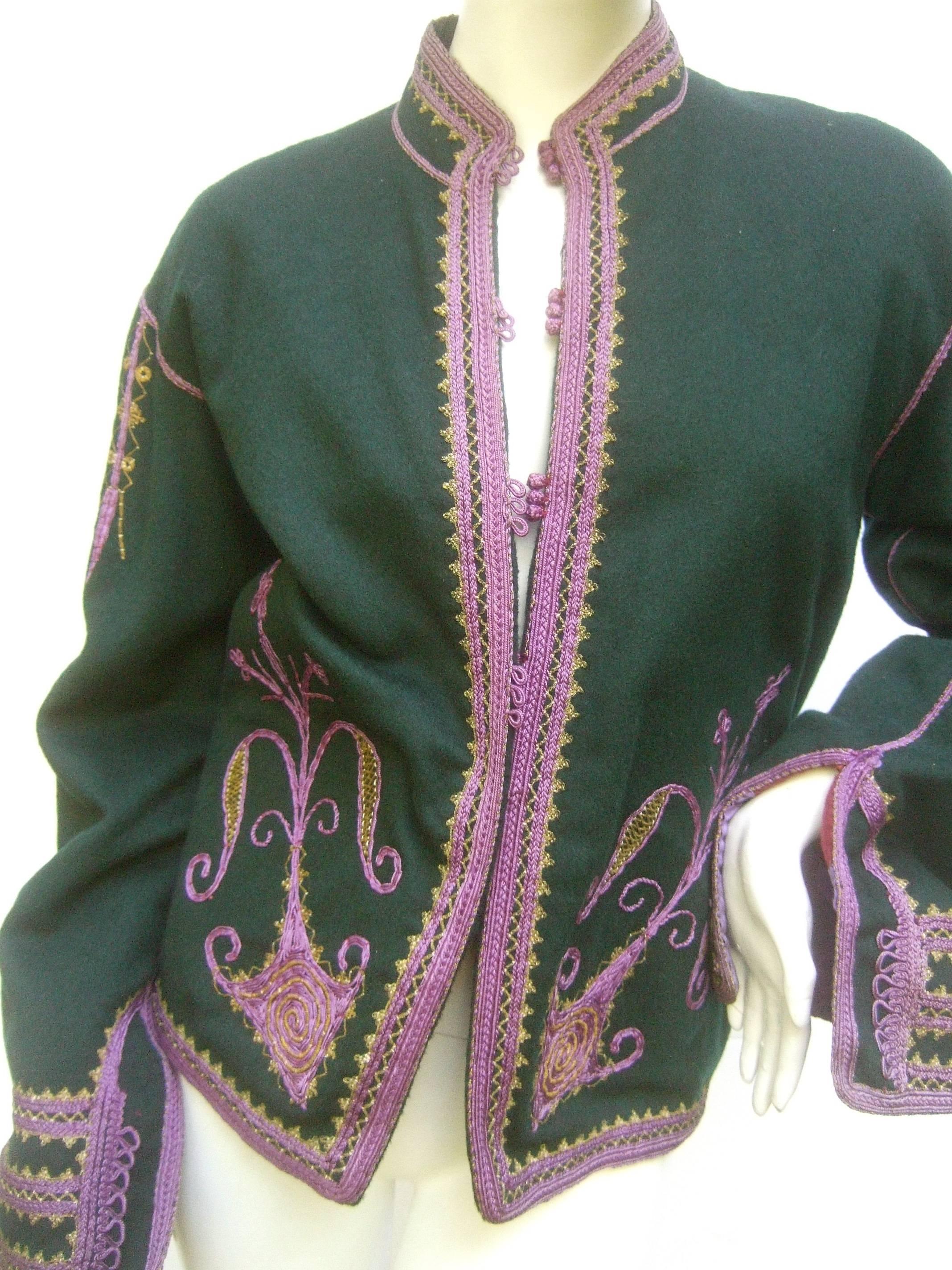 Women's Exotic Embroidered Green Wool Jacket c 1970s For Sale