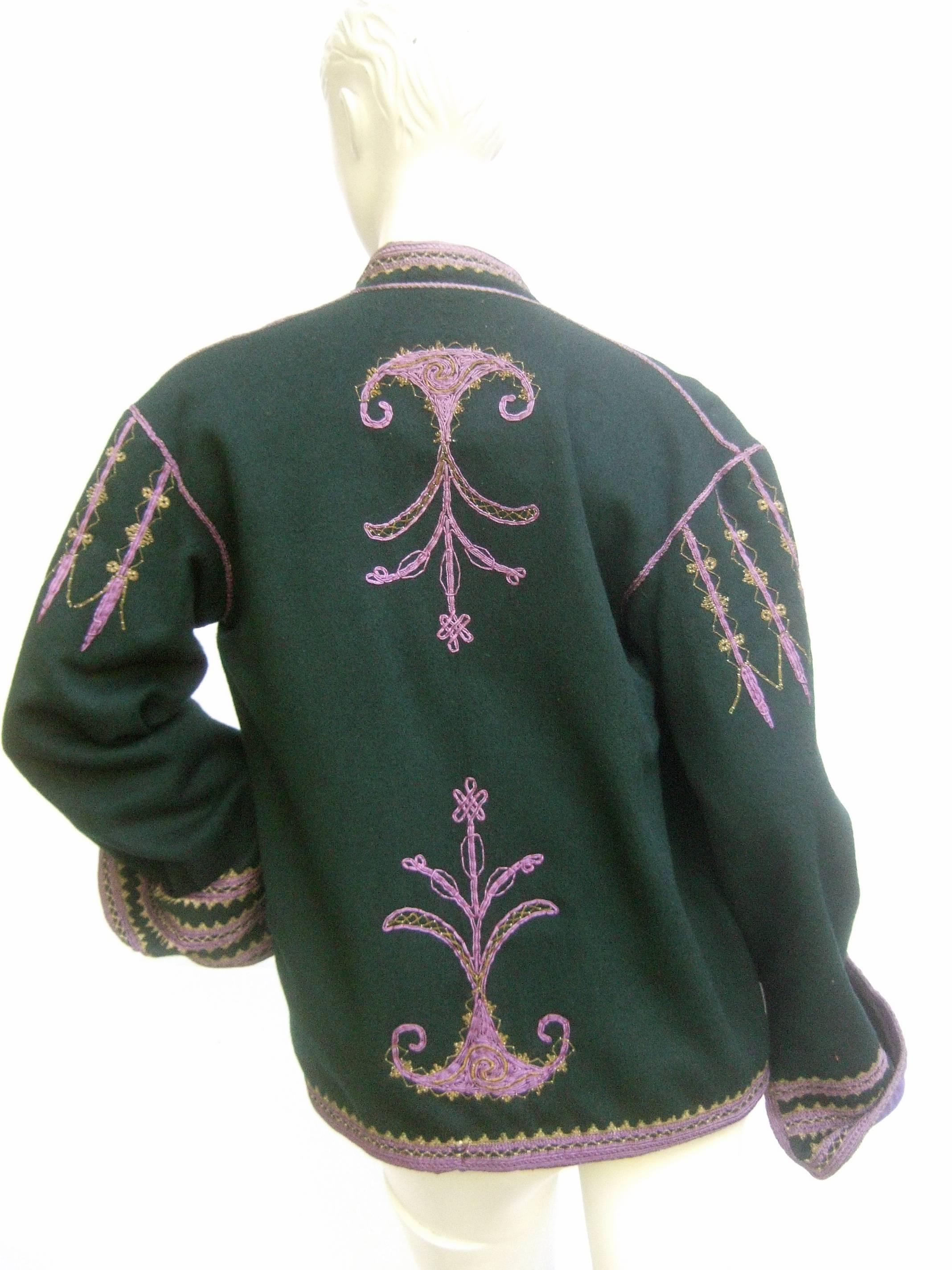 Exotic Embroidered Green Wool Jacket c 1970s For Sale 2