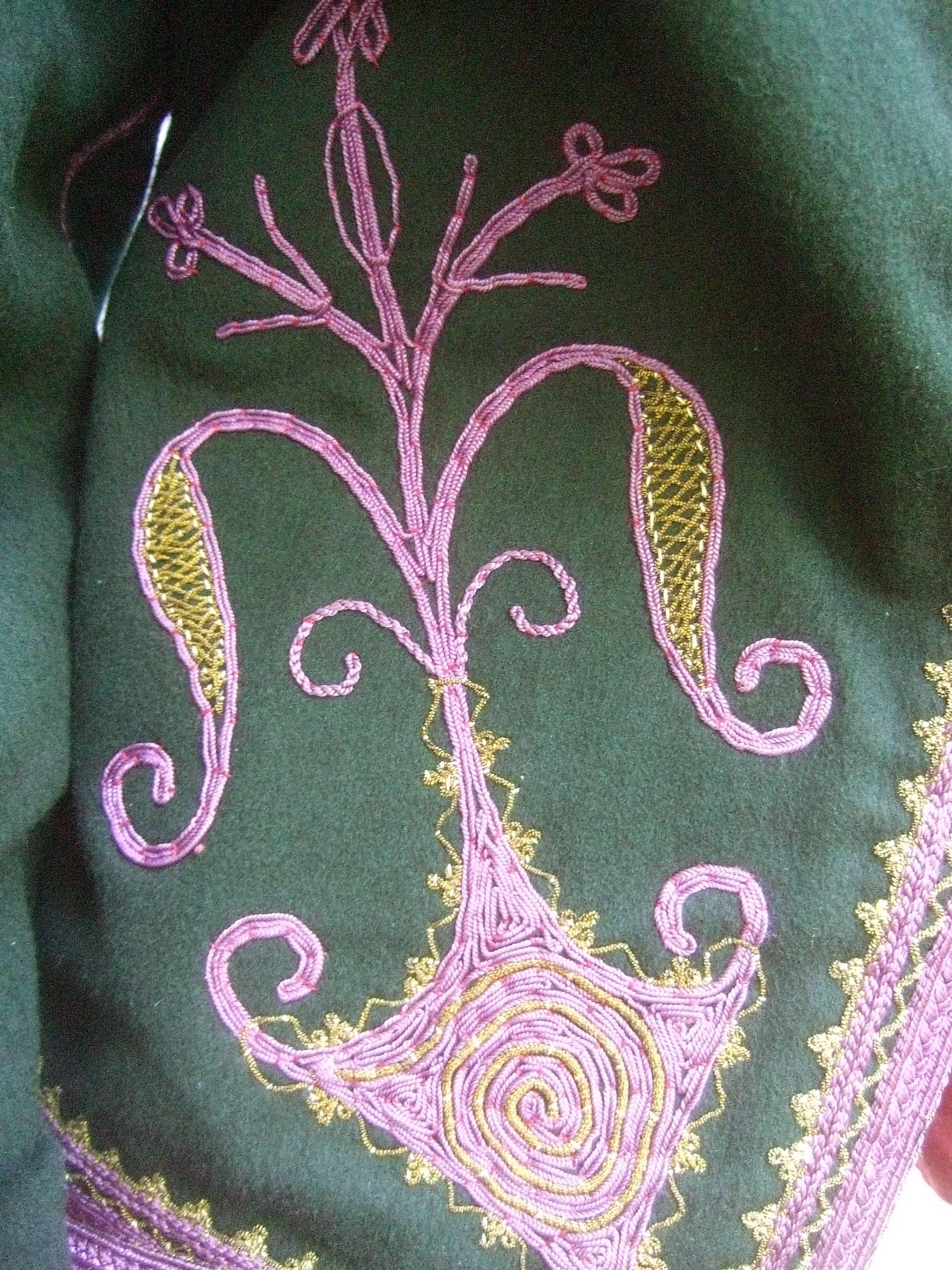 Exotic Embroidered Green Wool Jacket c 1970s For Sale 3