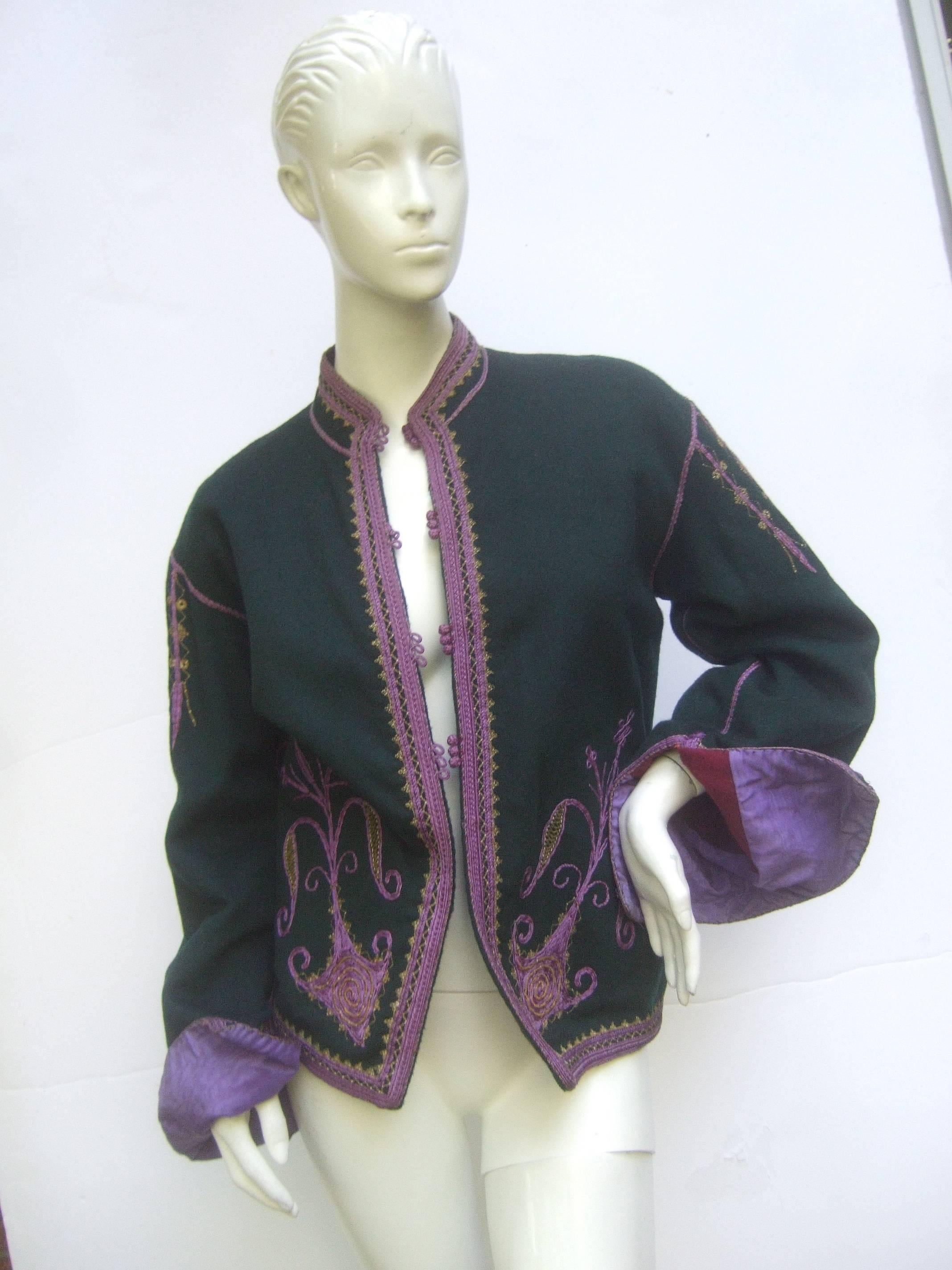 Exotic Embroidered Green Wool Jacket c 1970s For Sale 4