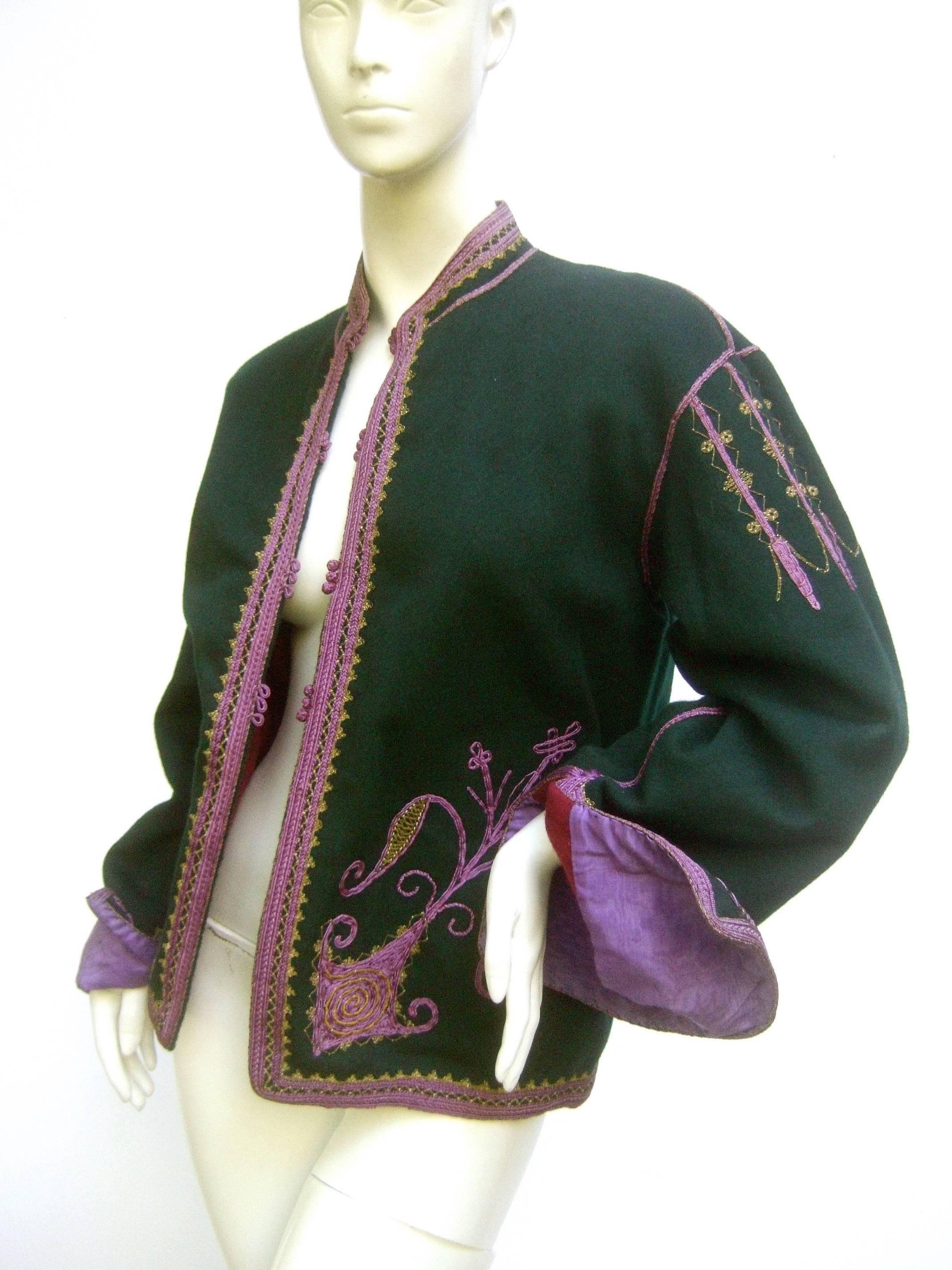 Exotic Embroidered Green Wool Jacket c 1970s For Sale 5