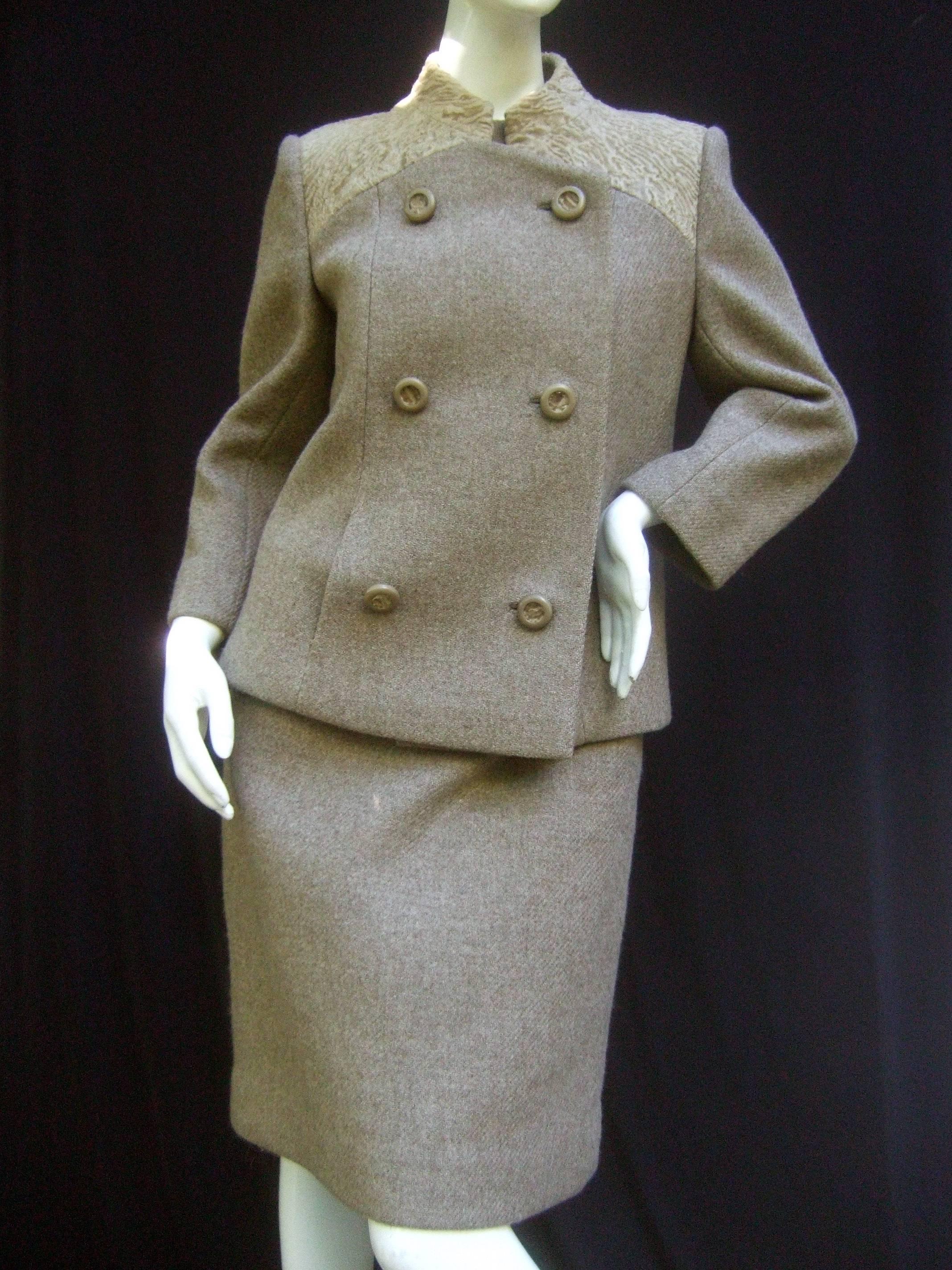 Gray Peck & Peck Rare Broadtail Trim Brown Wool Jacket & Sheath Ensemble c 1970