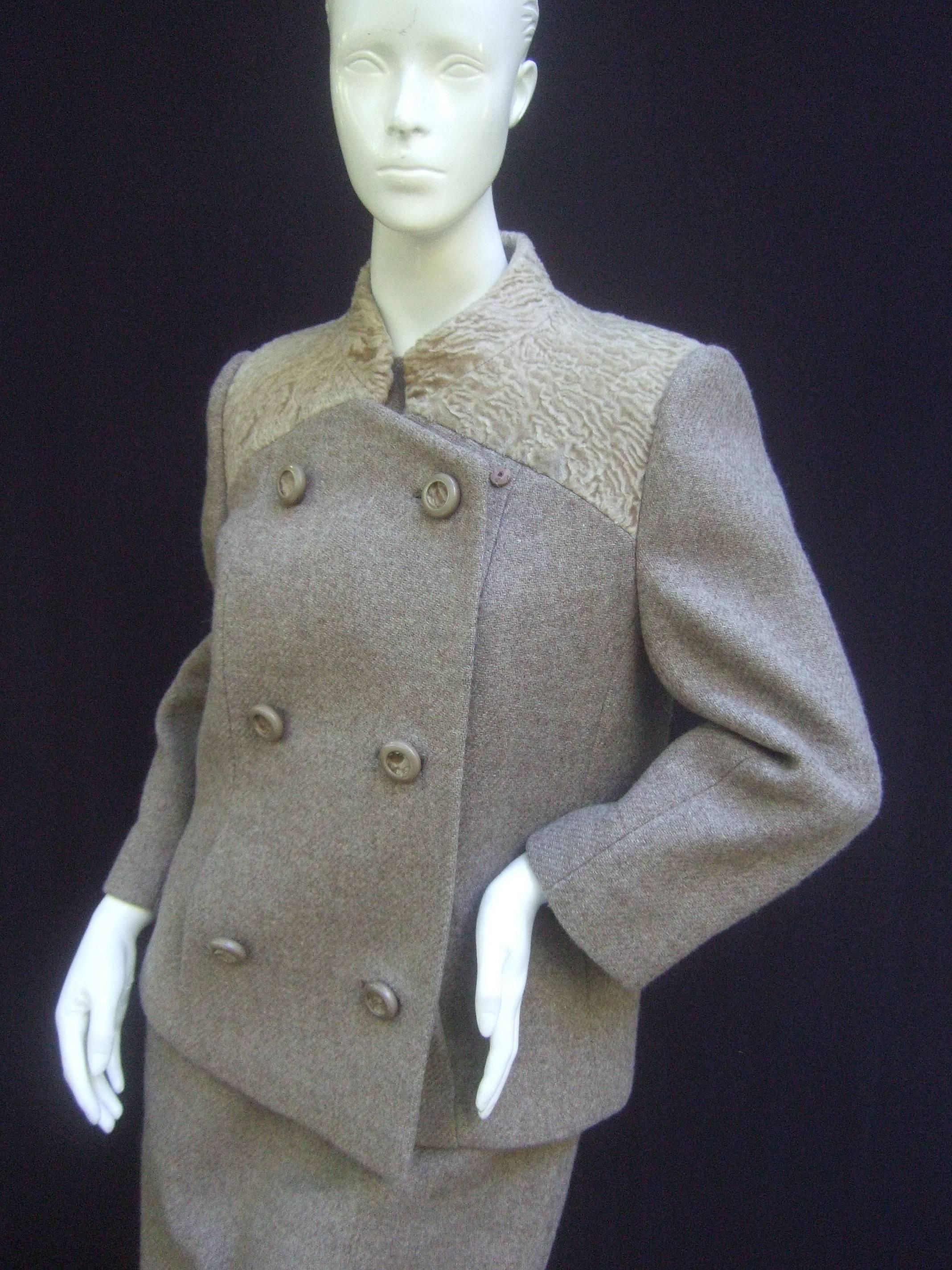 Peck & Peck Rare Broadtail Trim Brown Wool Jacket & Sheath Ensemble c 1970 In Good Condition In University City, MO