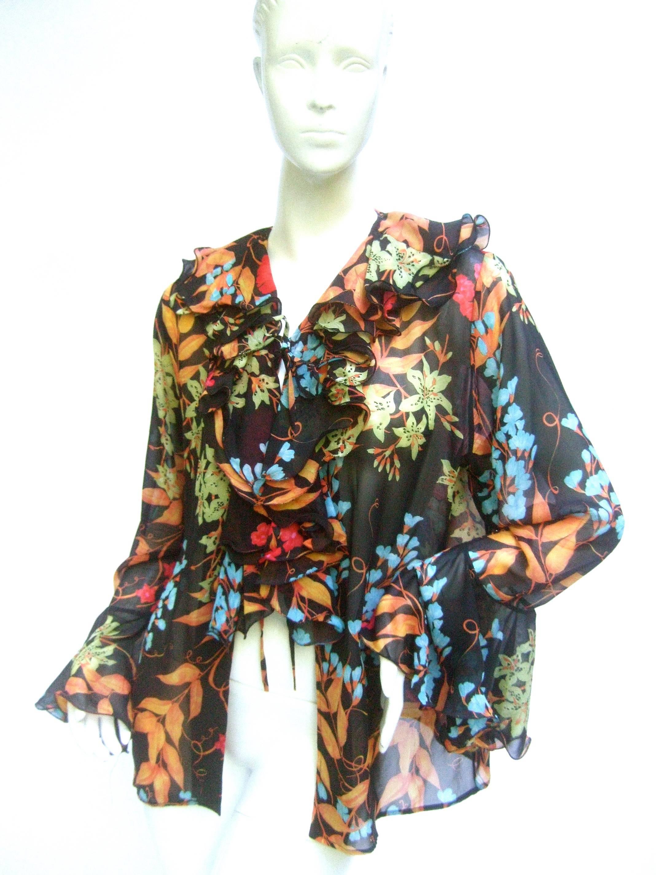 Averardo Besi Italy Silk Floral Ruffled Sheer Blouse  In Excellent Condition In University City, MO