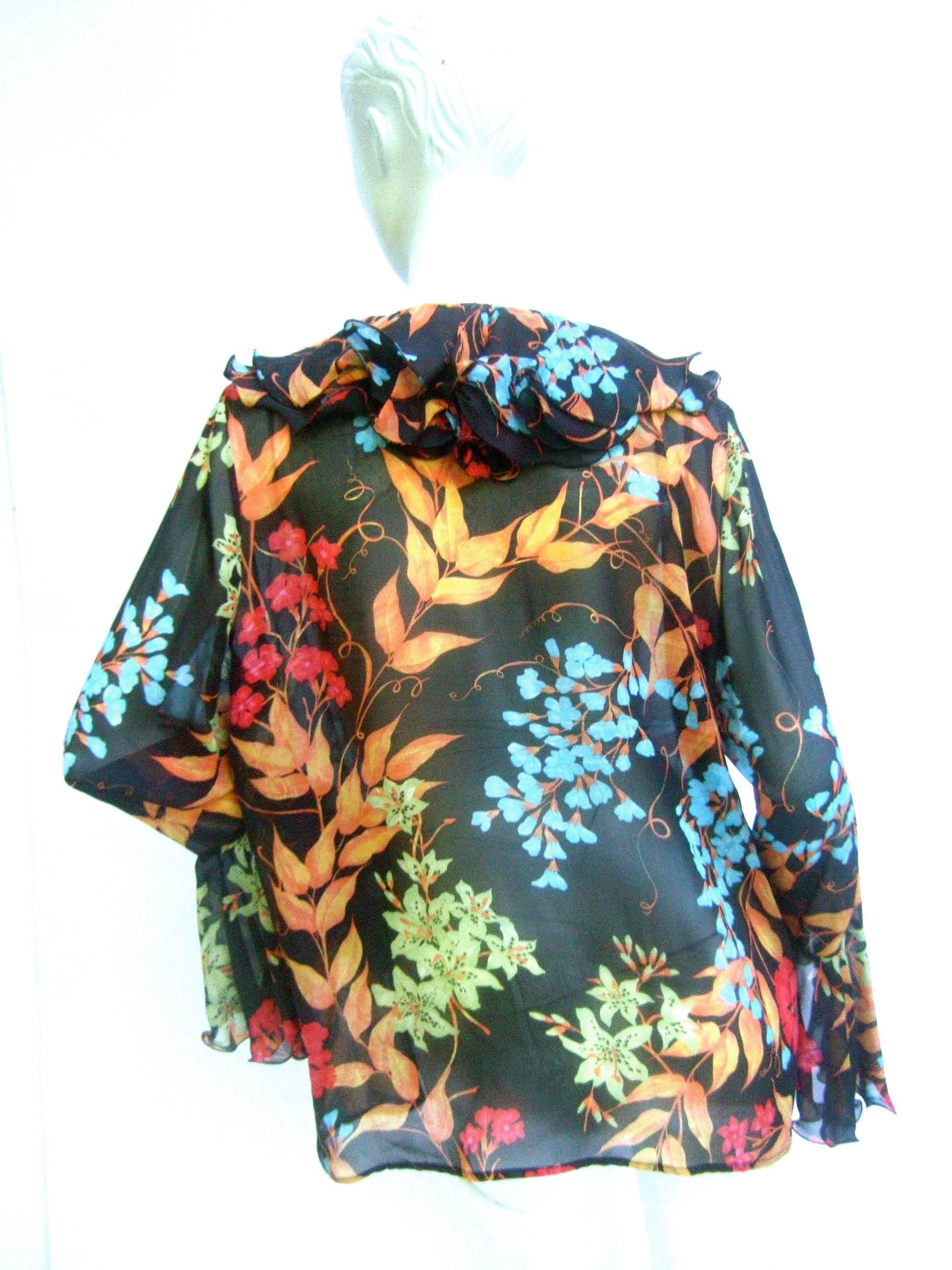 Women's Averardo Besi Italy Silk Floral Ruffled Sheer Blouse 