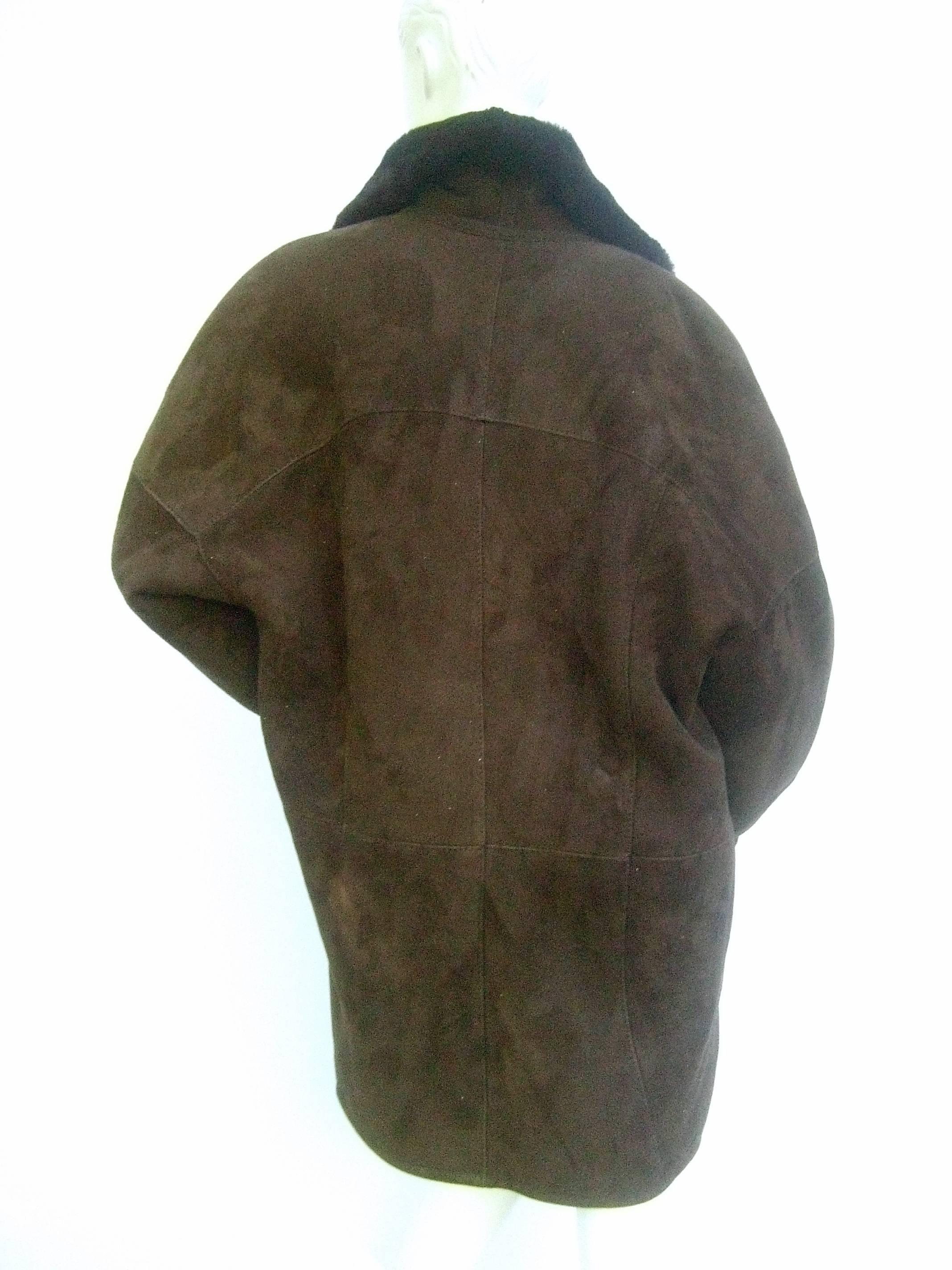 Black Neiman Marcus Chocolate Brown Suede Faux Fur Shearling Jacket 