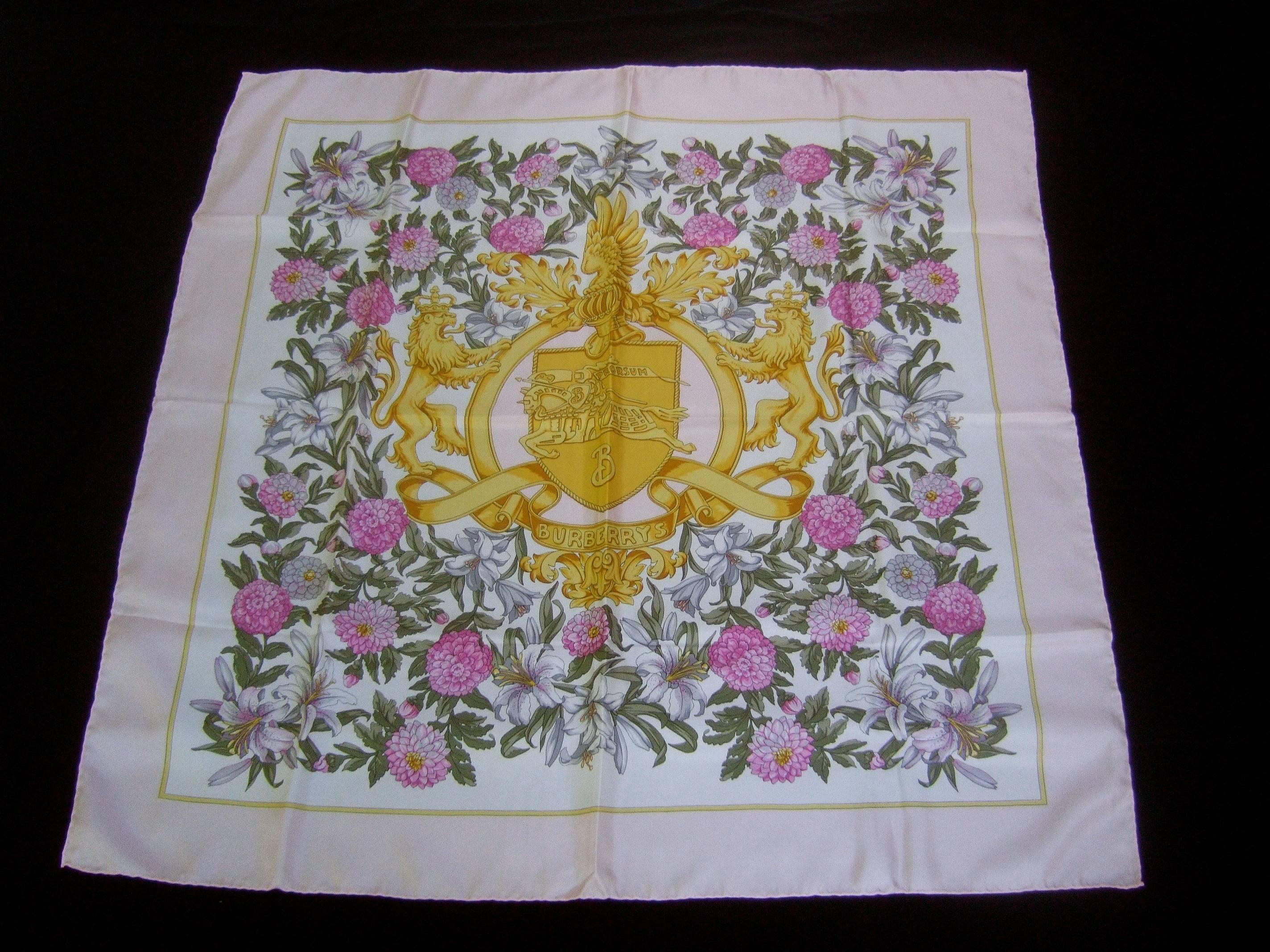 Gray Burberry's Regal Lions Silk Floral Scarf c 1990 For Sale