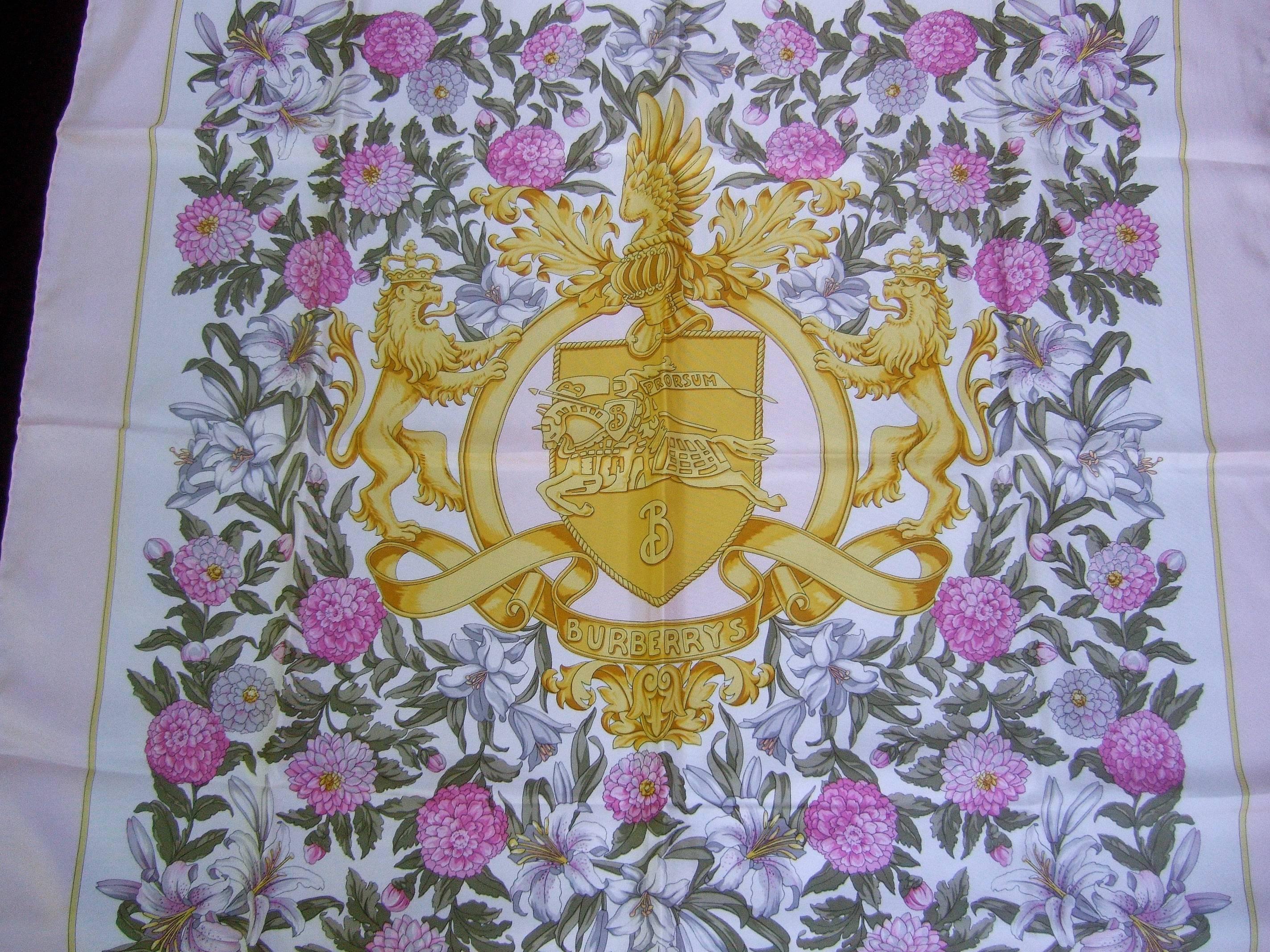 Burberry's Regal Lions Silk Floral Scarf c 1990 For Sale 4