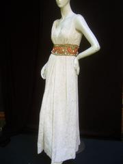 Ceil Chapman Stunning Ivory Brocade Jeweled Empire Gown c 1960