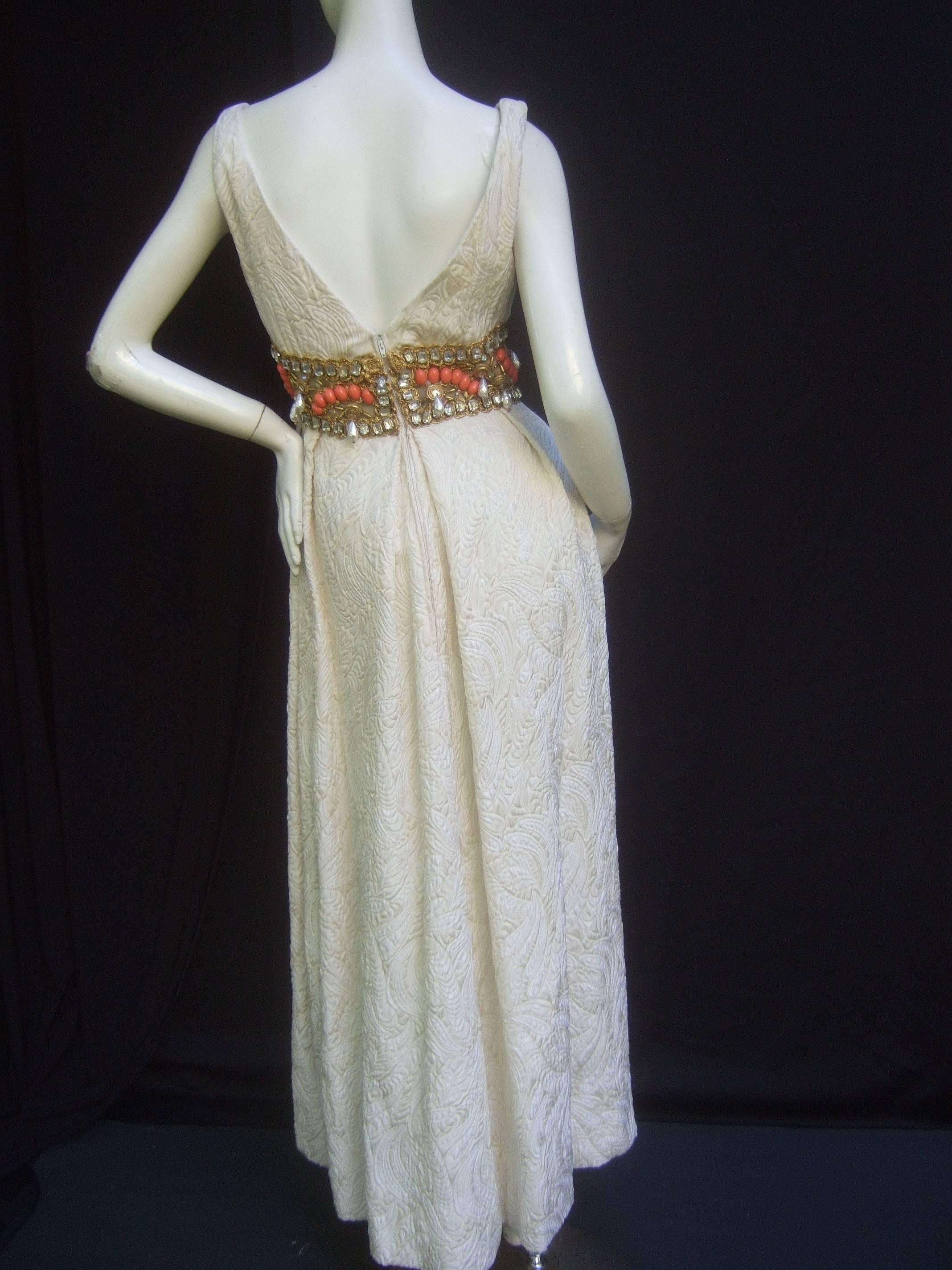 Ceil Chapman Stunning Ivory Brocade Jeweled Empire Gown c 1960 For Sale 2