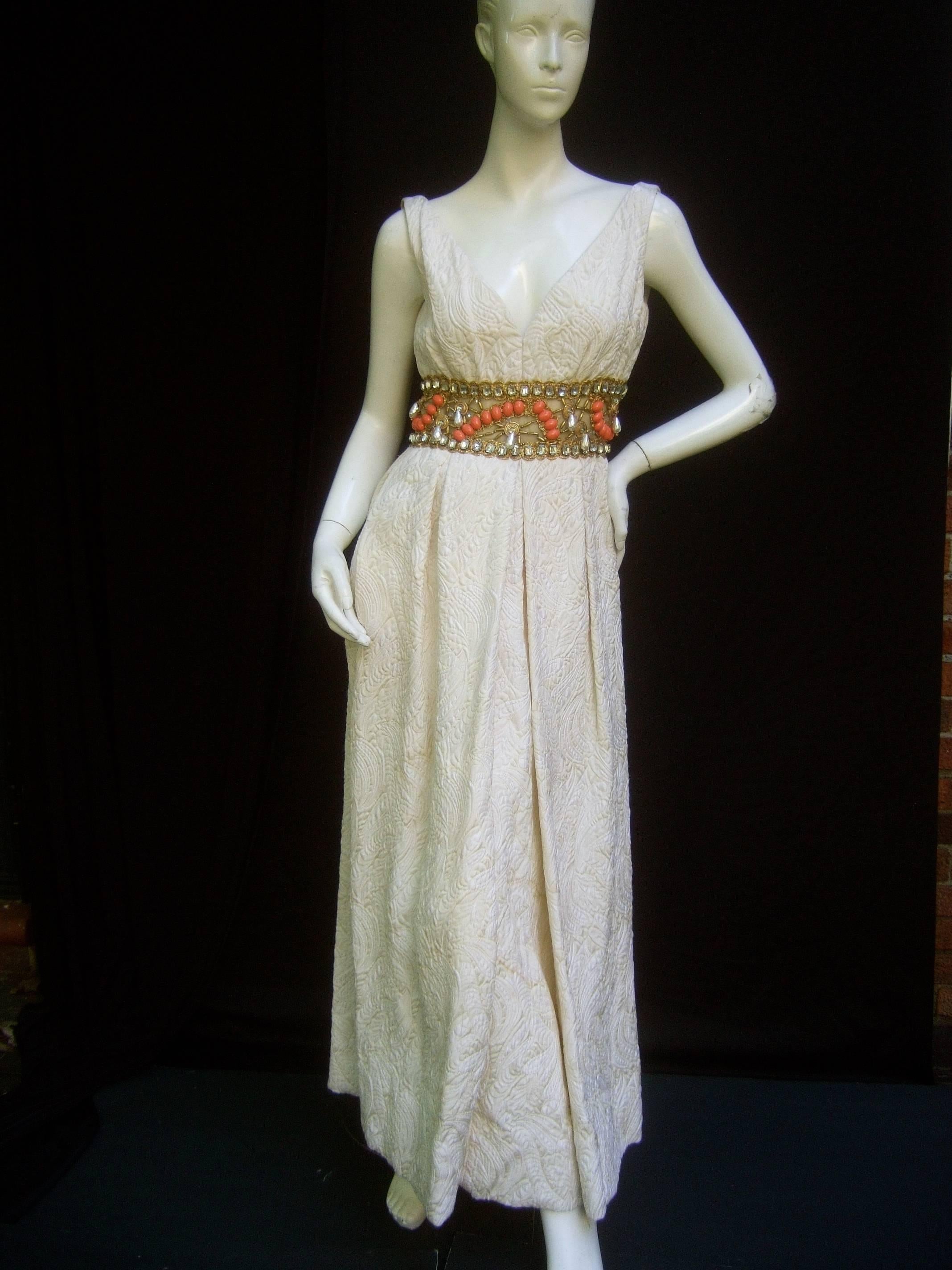 Ceil Chapman Stunning Ivory Brocade Jeweled Empire Gown c 1960 For Sale 3