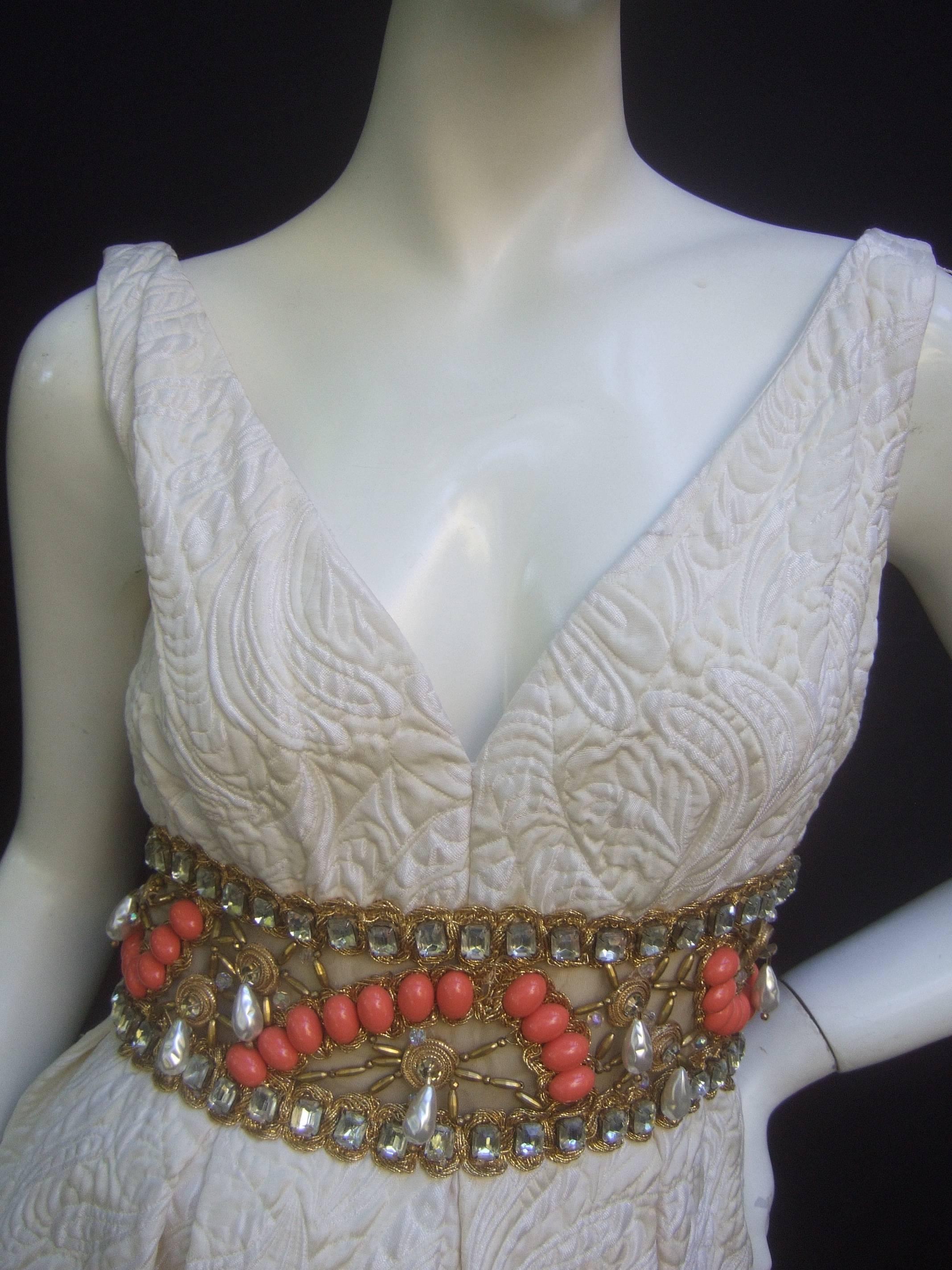 Ceil Chapman Stunning Ivory Brocade Jeweled Empire Gown c 1960 For Sale 4