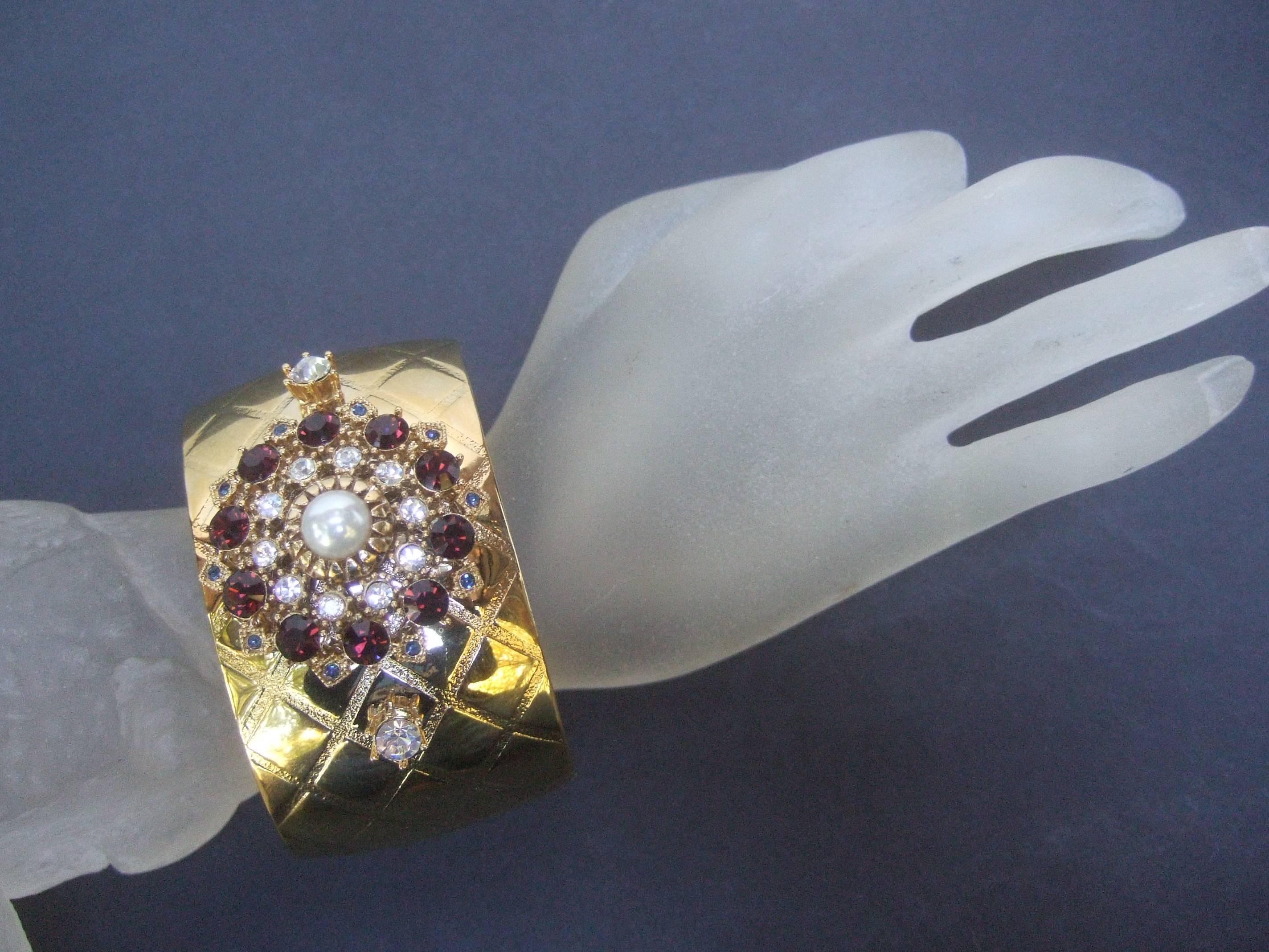 Glittering Crystal Wide Gilt Metal Cuff Designed by Graziano  In Excellent Condition For Sale In University City, MO