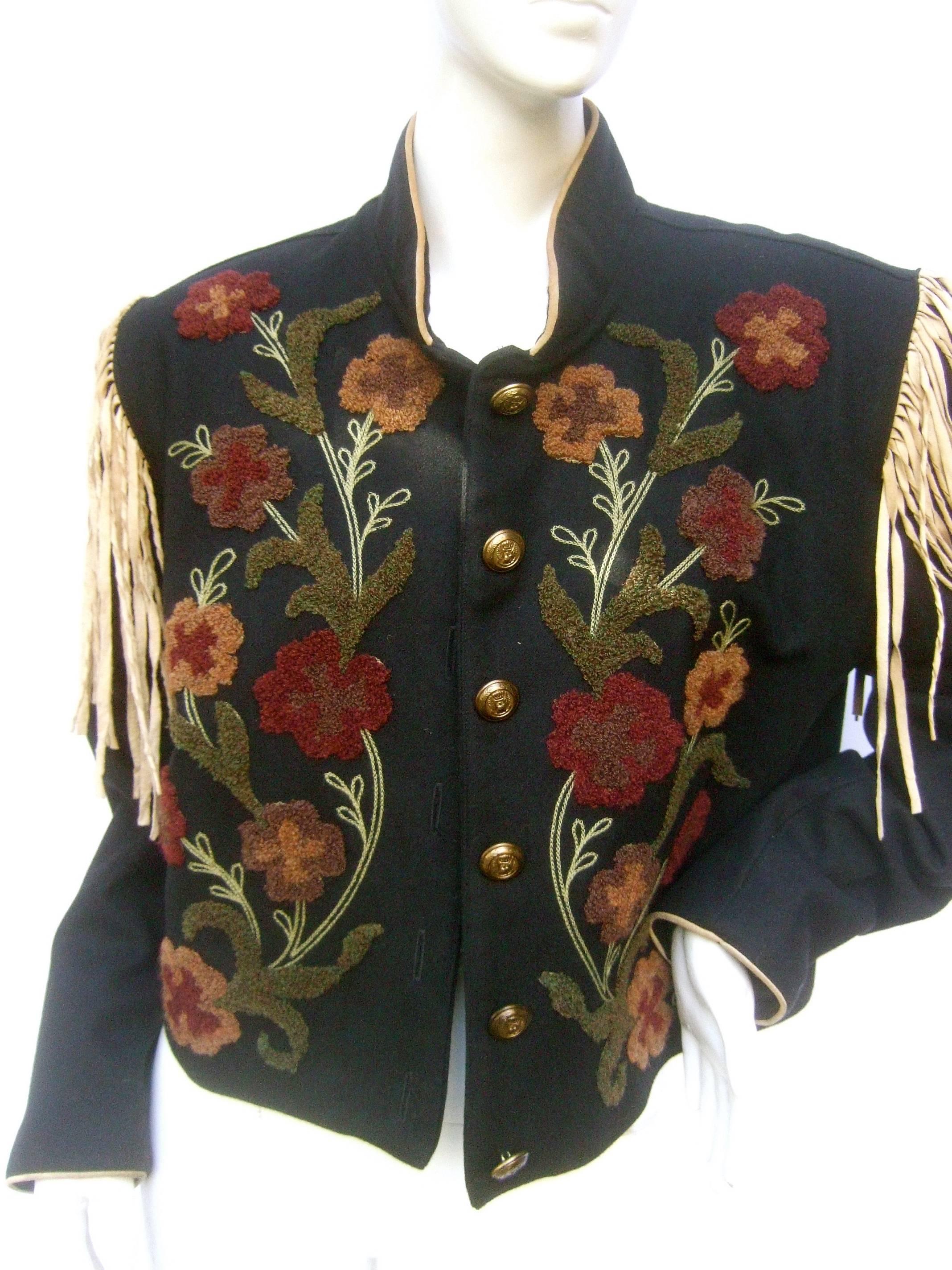 Southwestern Black Wool Applique Fringe Jacket c 1990s In Excellent Condition In University City, MO
