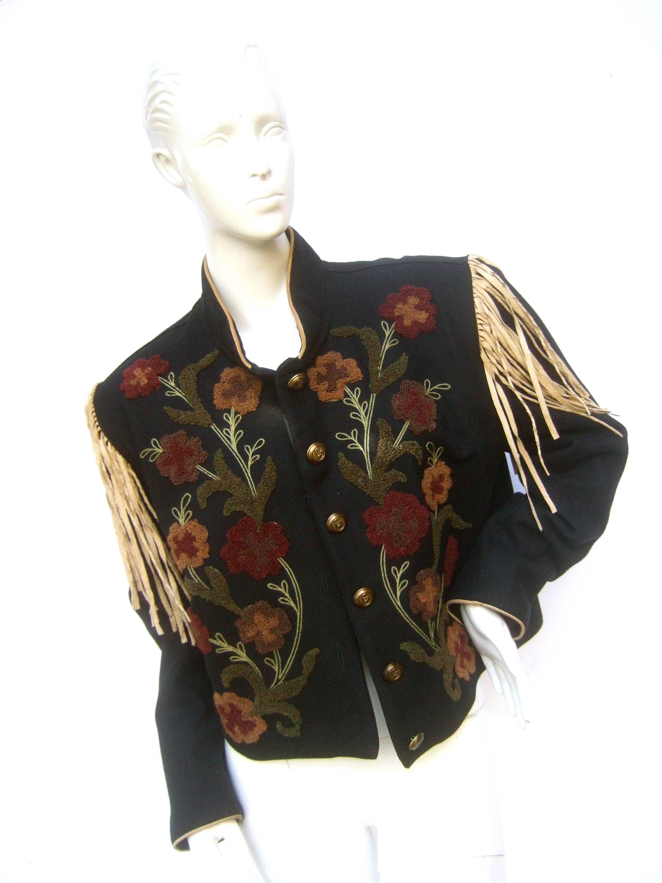 Women's Southwestern Black Wool Applique Fringe Jacket c 1990s