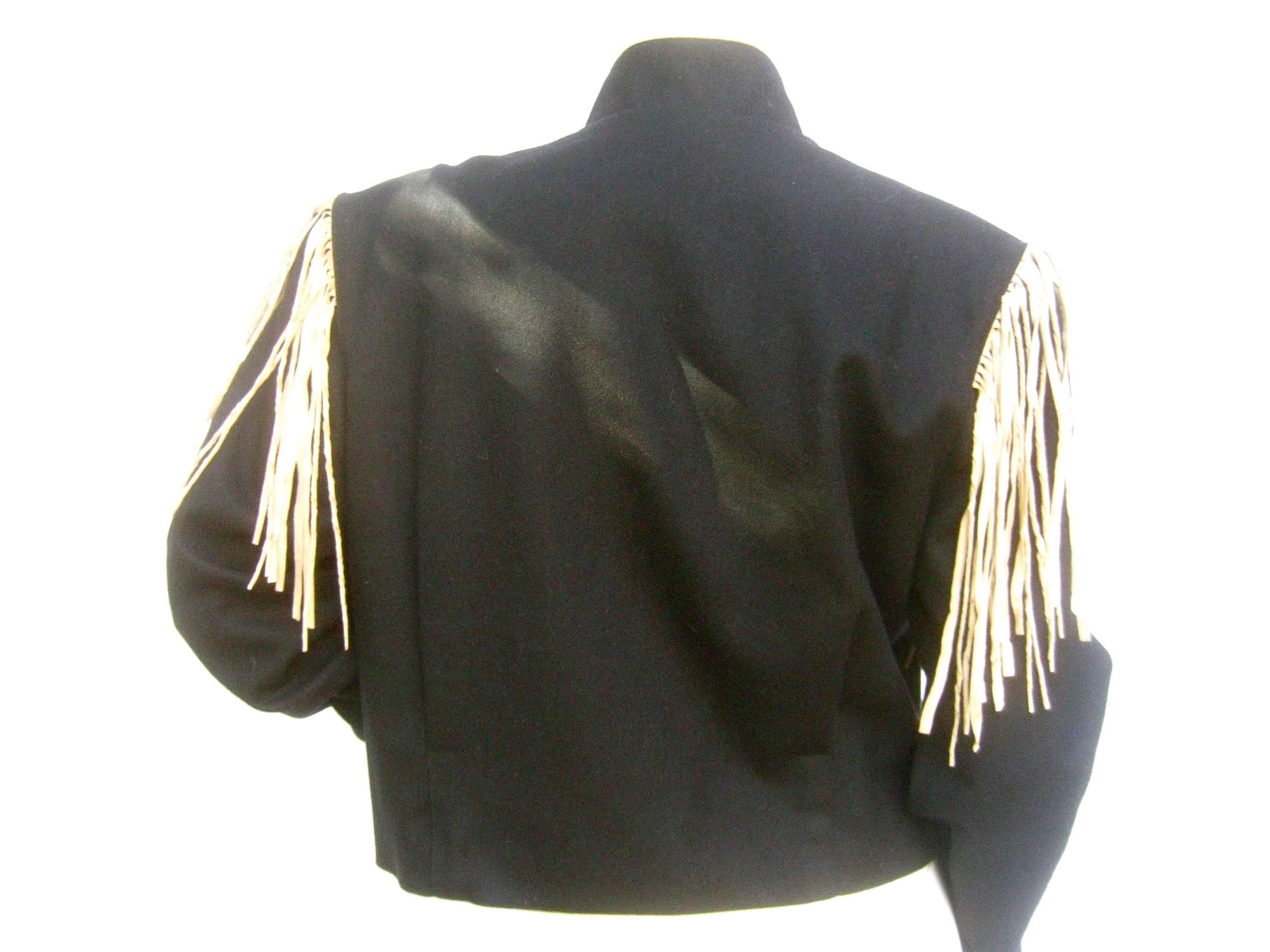 Southwestern Black Wool Applique Fringe Jacket c 1990s 5