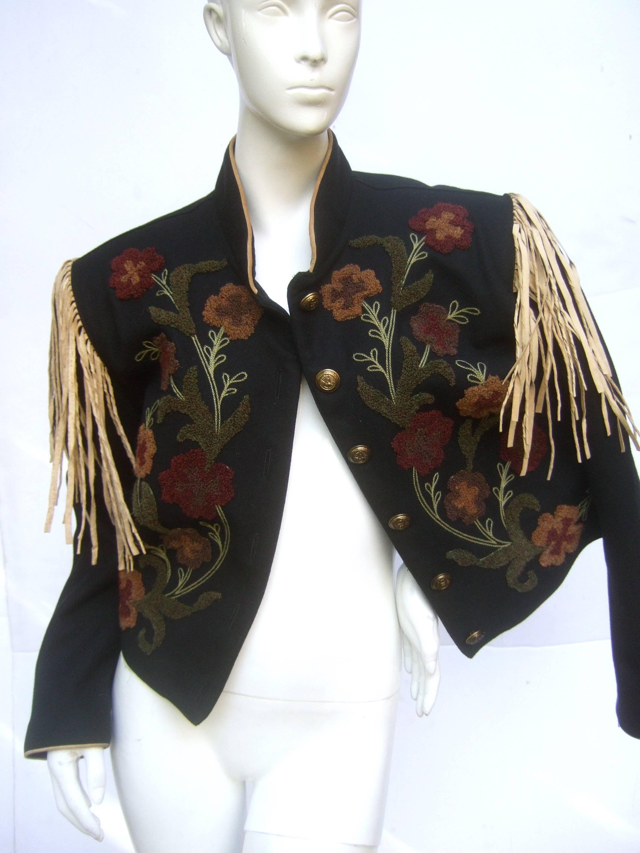 Southwestern Black Wool Applique Fringe Jacket c 1990s 4